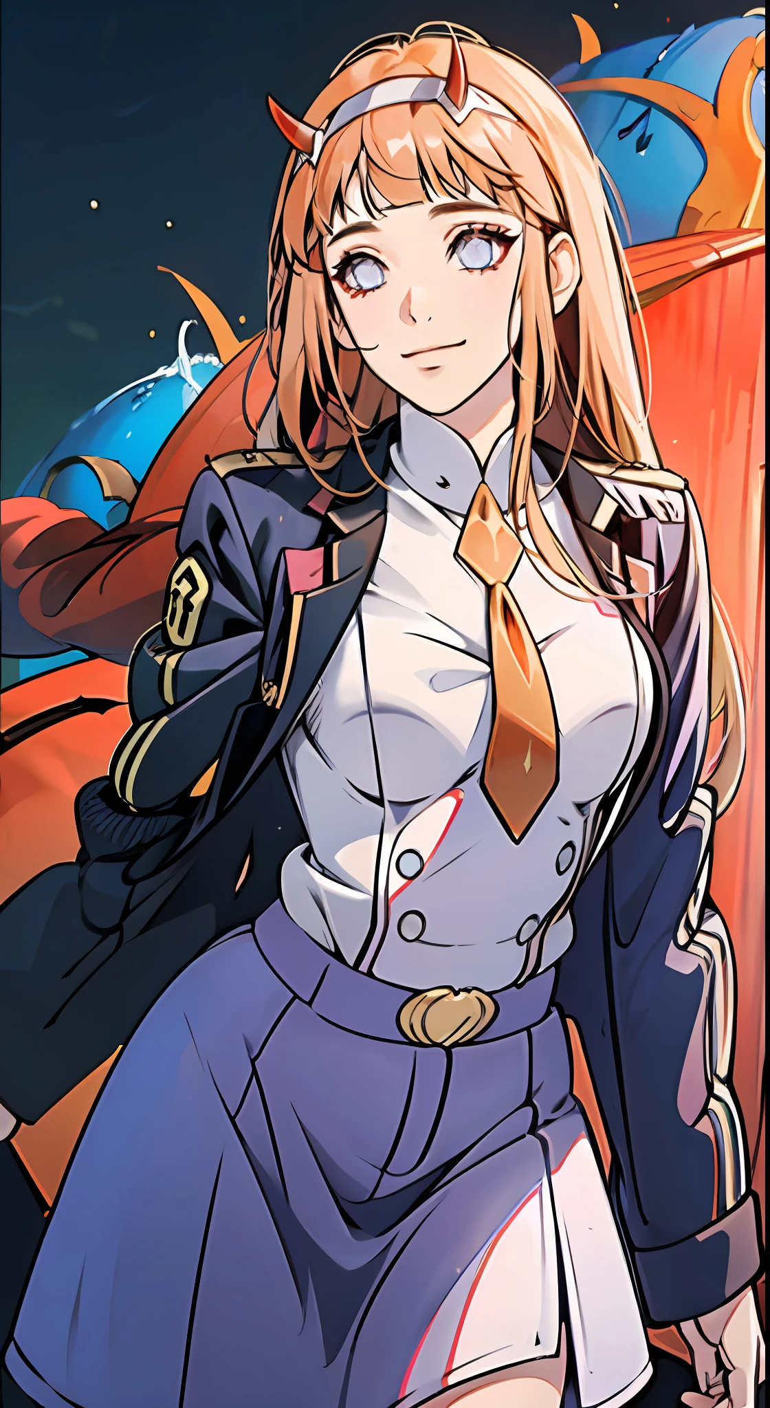 zero two, darling in the franxx, 1girl, water eyes, bangs, blunt bangs, medium breasts, closed mouth, cowboy shot, hair band, horns, leaning forward, long hair, looking at the viewer, tie, oni horns, orange tie, (dark blue hair:1.3), red horns, smile, solo, standing, straight, cyberpunk background, white hair band, military clothing, best quality, detailed eye, detailed PNG, purple eyes, hinata as zero two