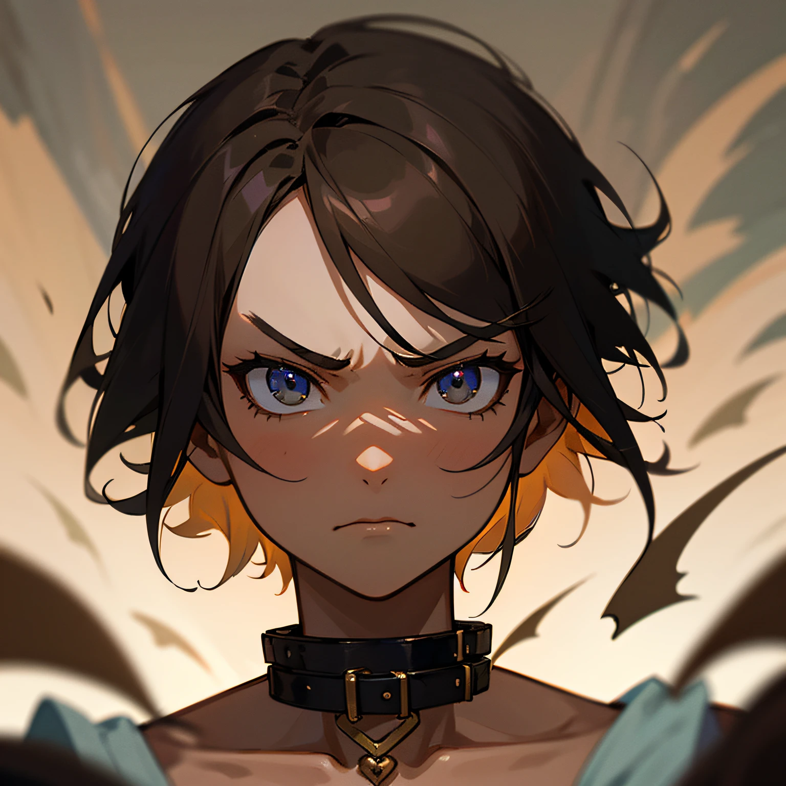 Masterpiece,Highly Detailed,1girl,brown skin,hair partially shaved,short,movement,in-battle,battle ready,piercing,fierce looking,staring determined,beautiful face,beautiful short hair, collar --auto