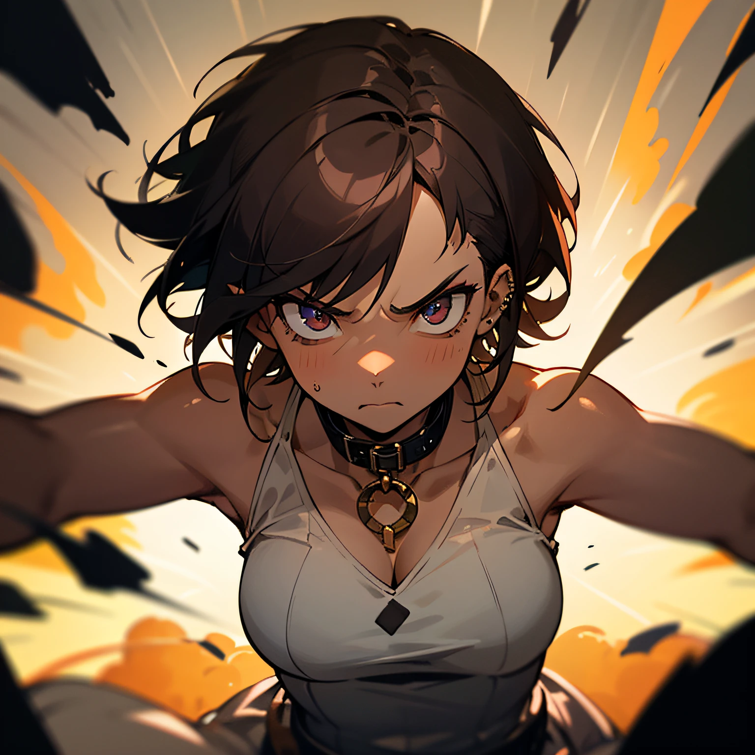 Masterpiece,Highly Detailed,1girl,brown skin,hair partially shaved,short,movement,in-battle,battle ready,piercing,fierce looking,staring determined,beautiful face,beautiful short hair, sexy collar --auto