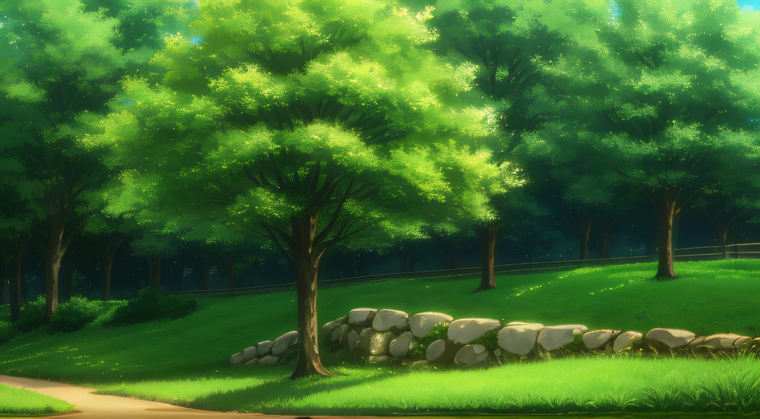 An anime background of a hill with a single tree on it