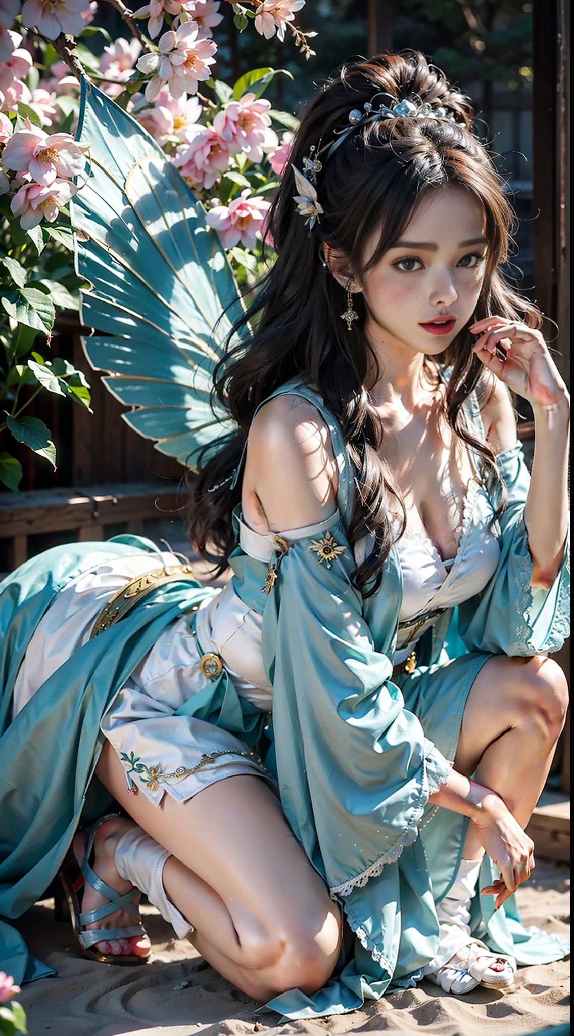 Close-up of women in costumes on stage, full body fairy, beautiful celestial mage, amazing young ethereal characters, beautiful fantasy queen, astral witch costume, sand stream, flowing magic robe, white Hanfu, fairy fantasy, beauty Delfin, ethereal fantasy, elegant and charming cosplay, Hirase Jinyao, lying on the bed, charming, very funny, a sports car, night punk oriental architecture! Lots of neon