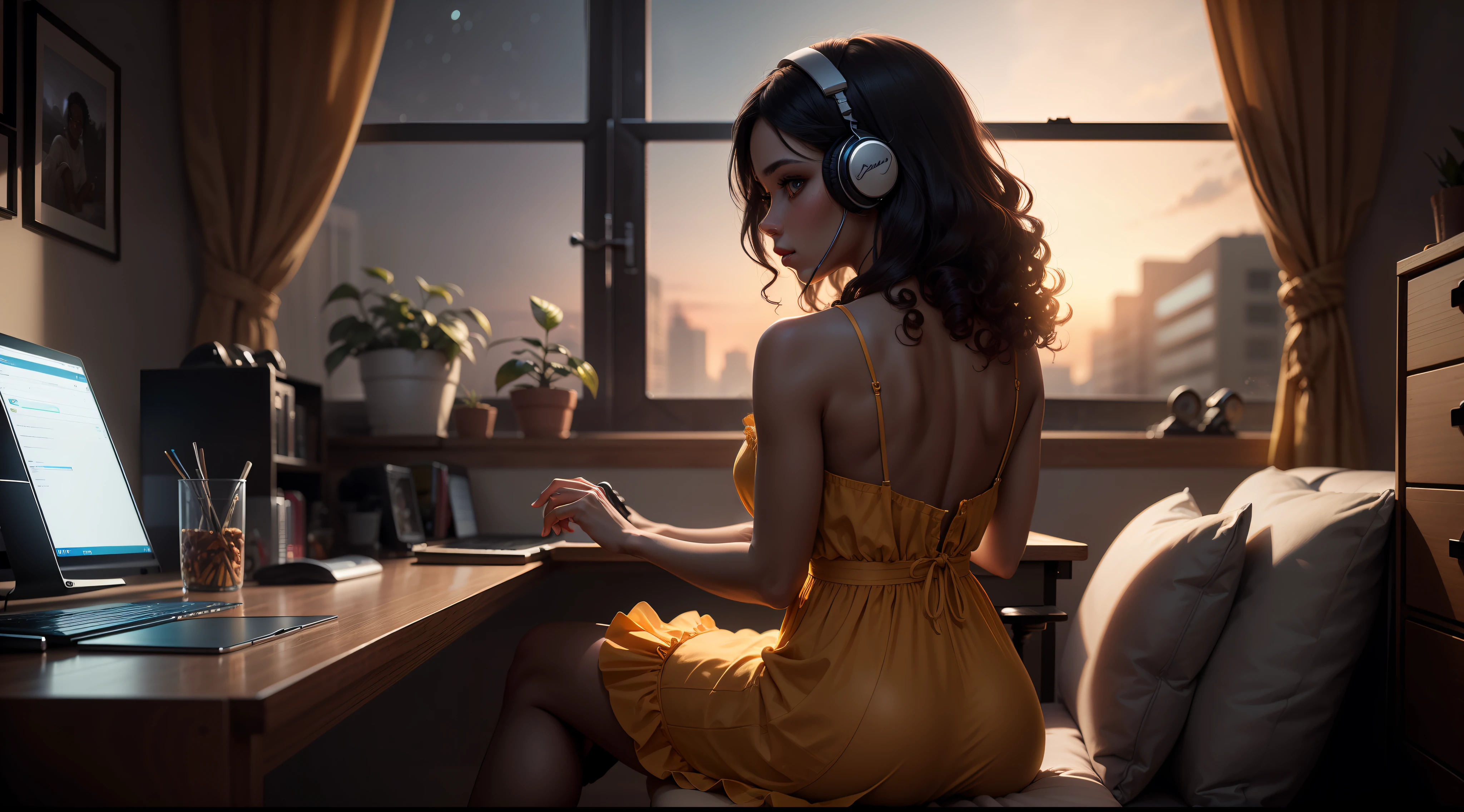 Portrait of a beautiful Brazilian girl, (black skin: 1.3), (((full body))), ((back to back)), ((curly hair)), in her bedroom, ((sitting on a chair at a table with a computer )), ((staring at the computer)), (headphones), ((facing a large window)), (looking at the window in front of her),(wearing a dress), realistic, high definition, texture ultra-hd skin and hair, (night), ultra-hd, digital, cinematic lighting, panoramic perspective, extremely detailed, intricate, 8k