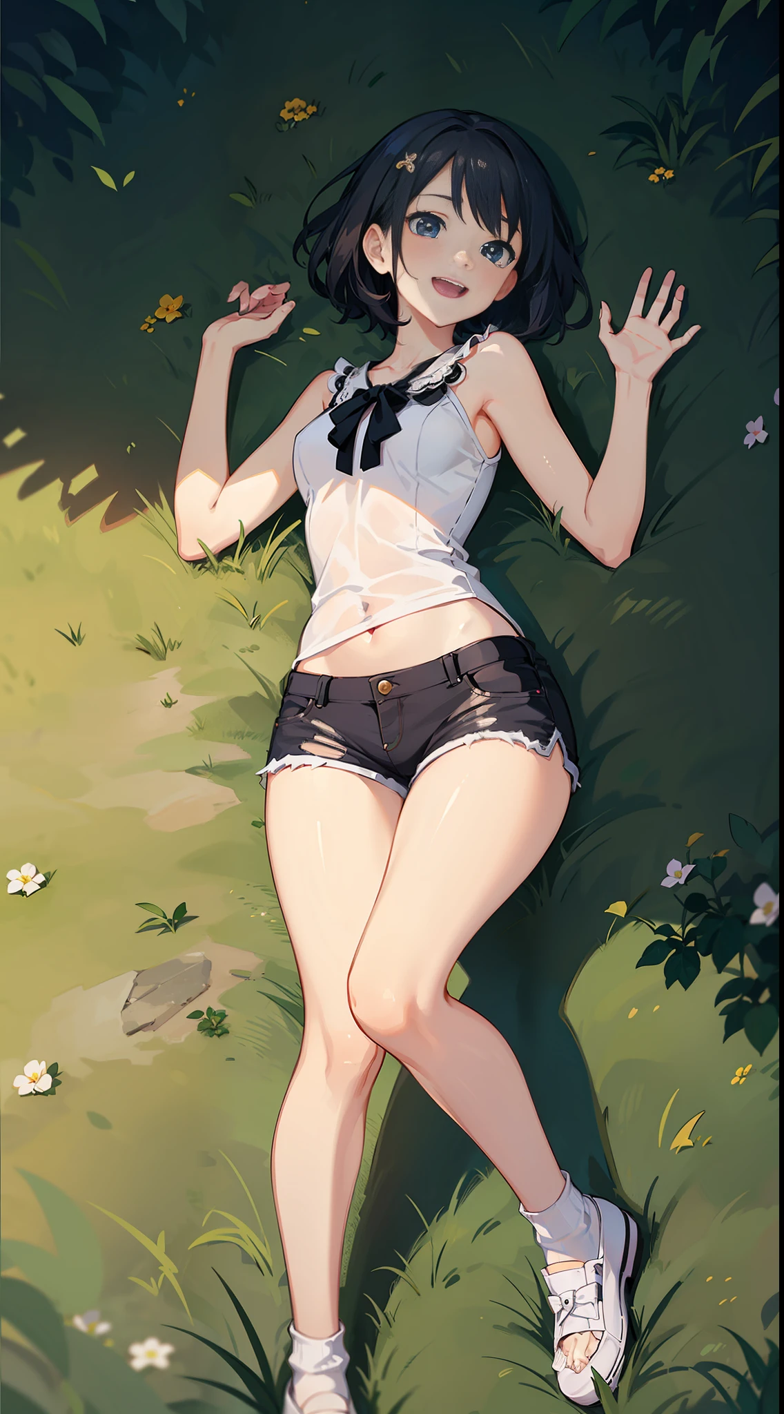 Sweetheart anime style, a girl, laughing happily, beautiful and beautiful, short hair, fashionable clothes, delicate figure, (perfect curves), shorts, white socks, super clear picture quality lying on the grass, super fine picture, super low noise, extremely detailed cg