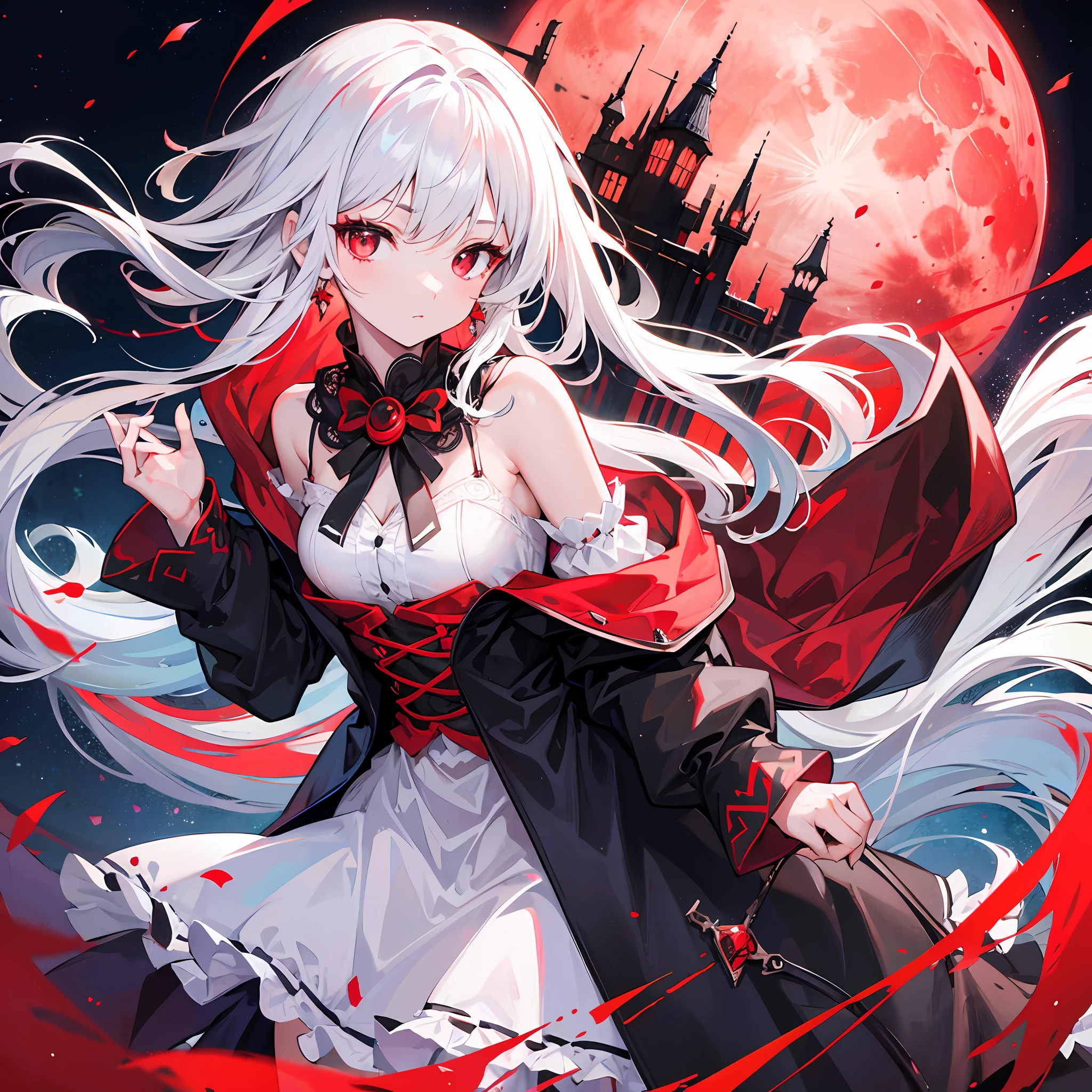 One girl with white hair, red eyes, vampire, dress, off shoulder, red moon, midnight