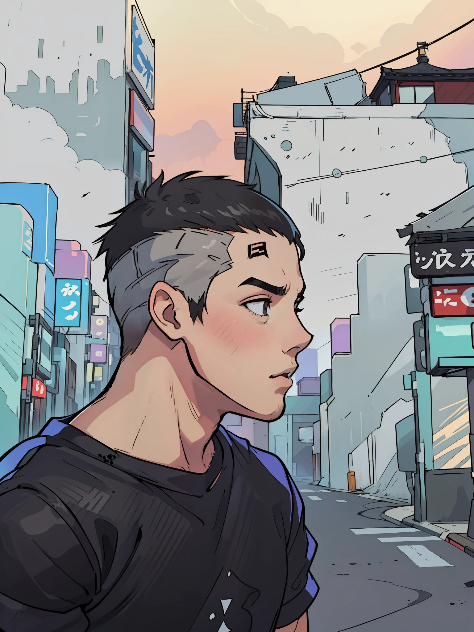 A 20-year-old boy with a Brazilian face and round chin without a beard, short gradient hair, crop haircut, black eyes, no pimples on his face and a black T-shirt with Japanese print written tokyo drift. It's on a night in the alleys of the streets of Tokyo in a cyberpunk style setting, 4k, 2d anime