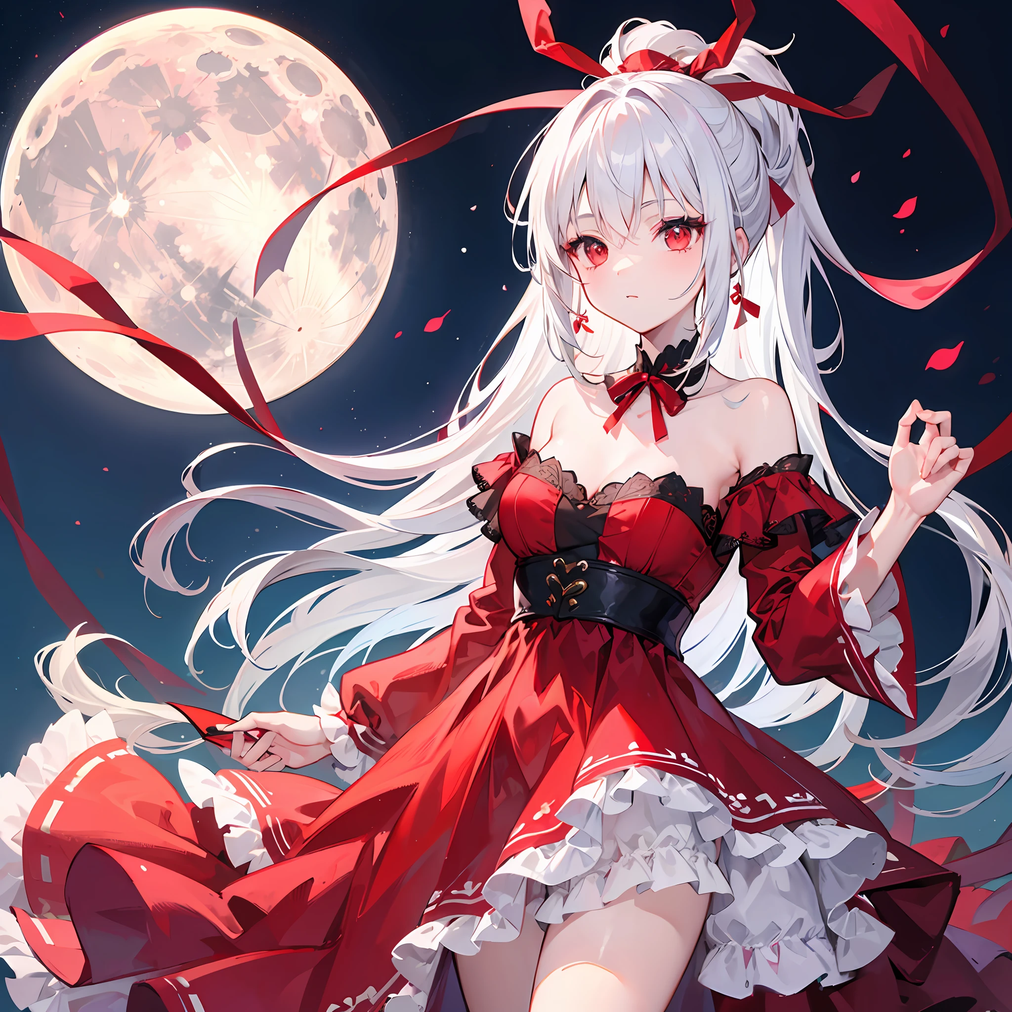 One girl with white hair, ponytail, red ribbon, red eyes, red dress, off-the-shoulder, vampire, night, moon