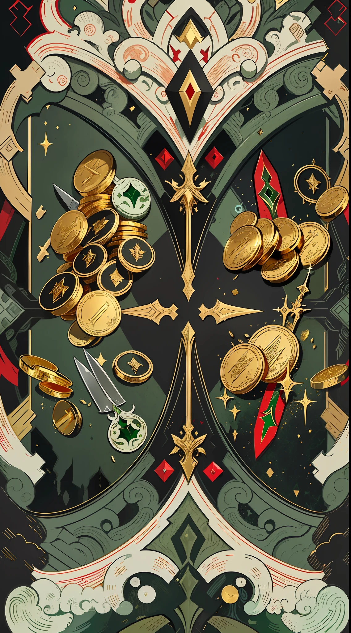official art, unit 4k, wallpaper, ultra detailed, beautiful and aesthetic, high quality, beautiful, masterpiece, best quality, symmetrical, deception domains, highlight, daggers and blades, eyes in the shadow, piles of gold coins, theft, roaming, traits, symmetrical. (Complementary color: black, green, red, gold), iconographic RPG
