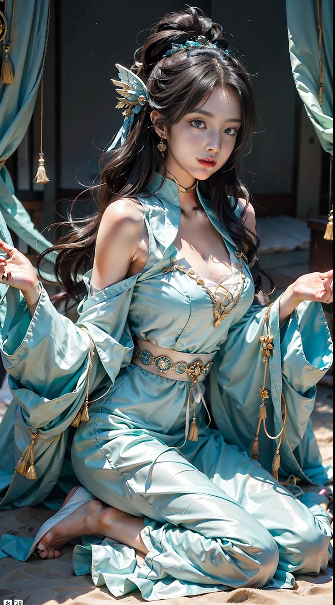 Close-up of women in costumes on stage, full body fairy, beautiful celestial mage, amazing young ethereal characters, beautiful fantasy queen, astral witch costume, sand stream, flowing magic robe, white Hanfu, fairy fantasy, beauty Delfin, ethereal fantasy, elegant and charming cosplay, Hirase Jinyao, lying on the bed, charming, very funny, a sports car, night punk oriental architecture! Lots of neon