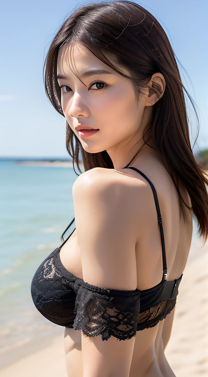 (Best Quality, 8k, 32k, Masterpiece, UHD: 1.2), Cute Japan Woman Pictures, 1 Girl, (G-Cup: 1.1), (Tall Women), (Abs, Slim Figure: 1.1), (Lips), (Dark Brown Hair), Double Eyelids, T Back, Realistic Ray Light, Beach, Announcer, Standing on the Beach, Hand Bra,