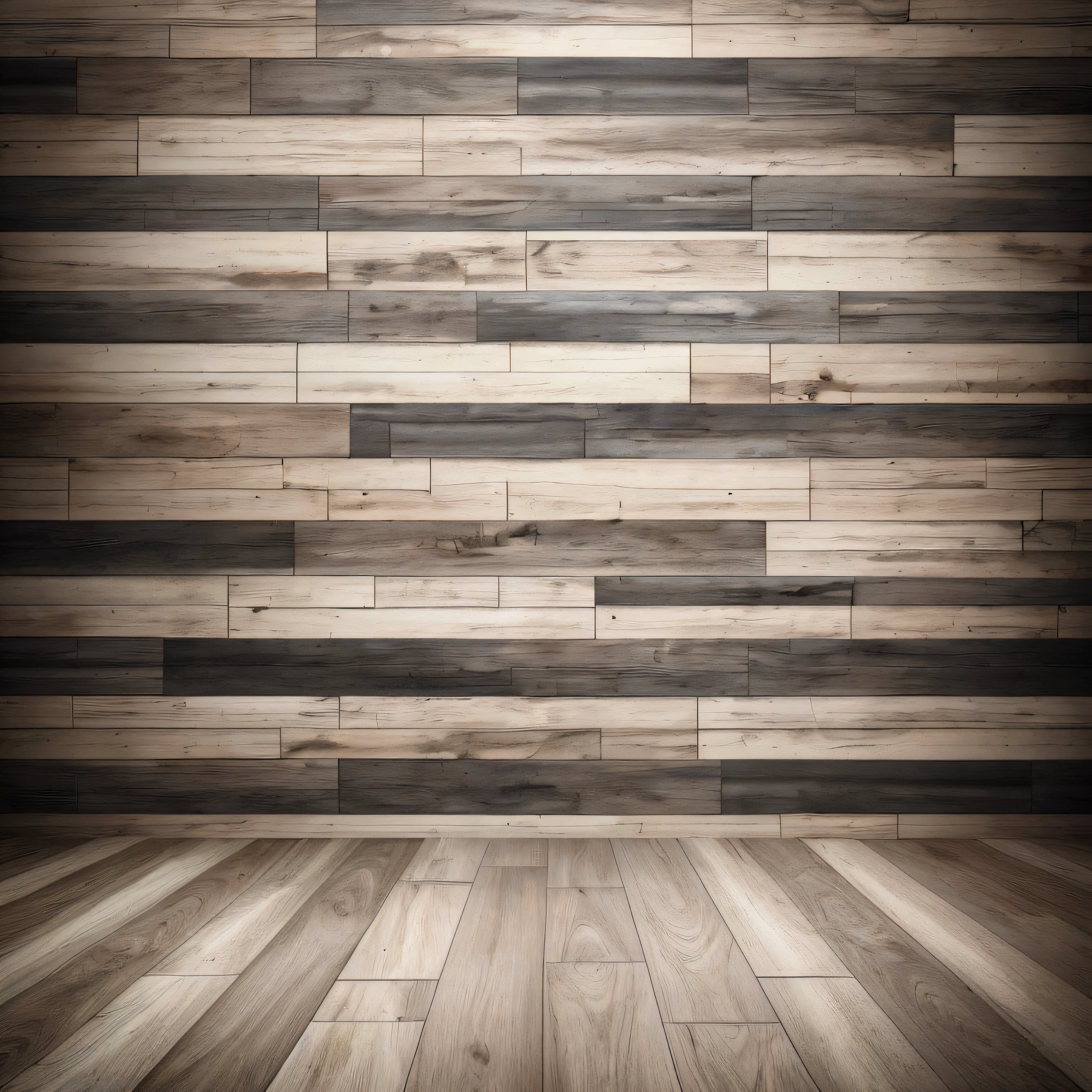 Gradient background wall, plank floor, black and white tones, add a little detail
