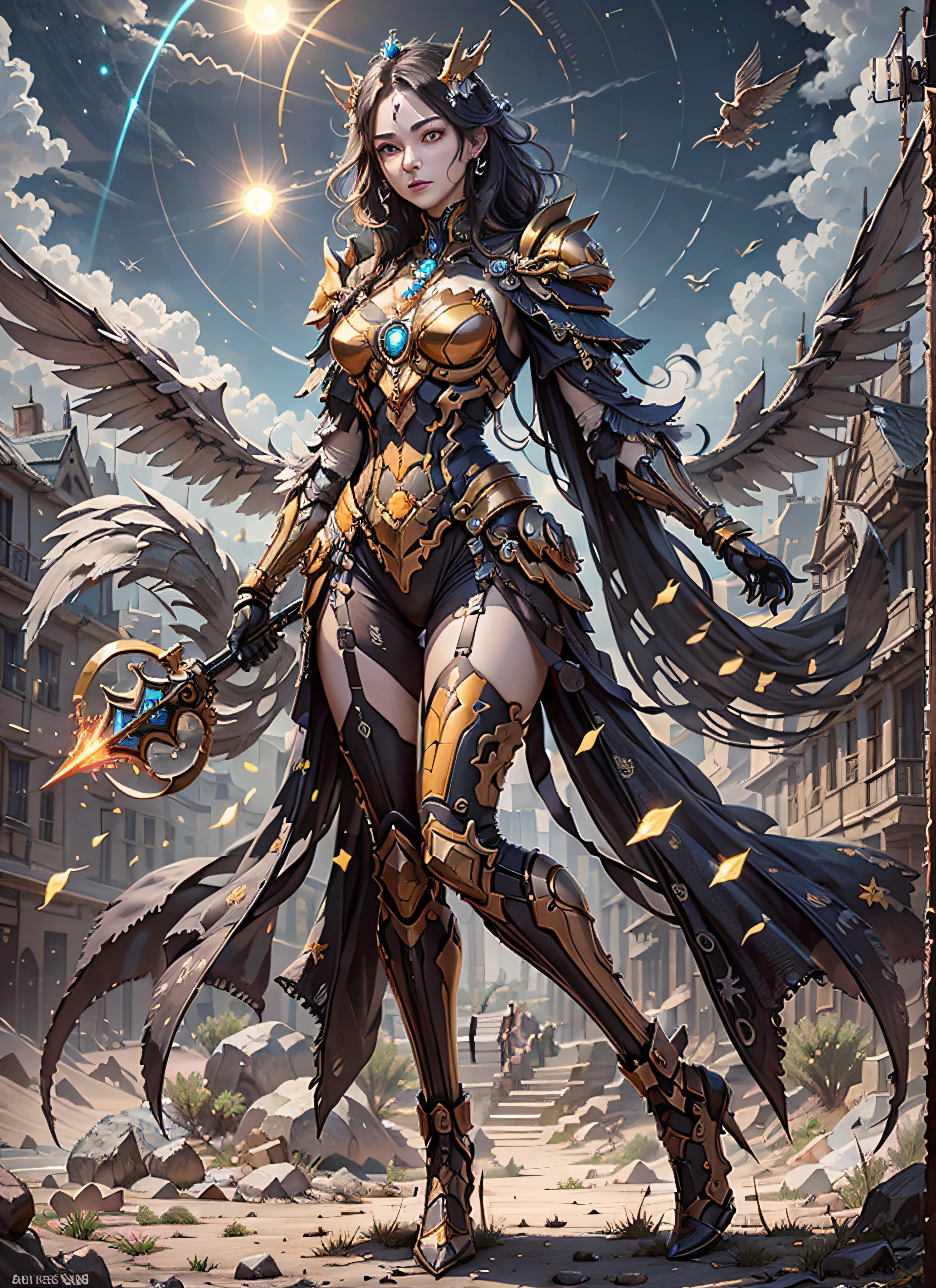 1girl, beautiful empress of the sun, detailed eyes, detailed face, detailed skin, mature body, tall body, seductive body, medium large chest, medium thigh, desert BREAK and pyramid bottoms, holding only a holy sun scepter, phoenix dragon in the sky, highly saturating sun rays, holy ceremony, angelic halo, dazzling golden and orange spark around, sacred magic circle,  golden crown, golden majestic lightning, best quality, masterpiece, trend in art station, BREAK, detailed, realistic, highly detailed digital art 8k, octane rendering, bioluminescent, concept art resolution BREAK 8K, realism, by studios Mappa, masterpiece, best quality, official art, illustration, ligne claire, (cool_color), perfect composition, absurdists, fantasy, focused, full body in attack pose, night sky with clouds,  full moon