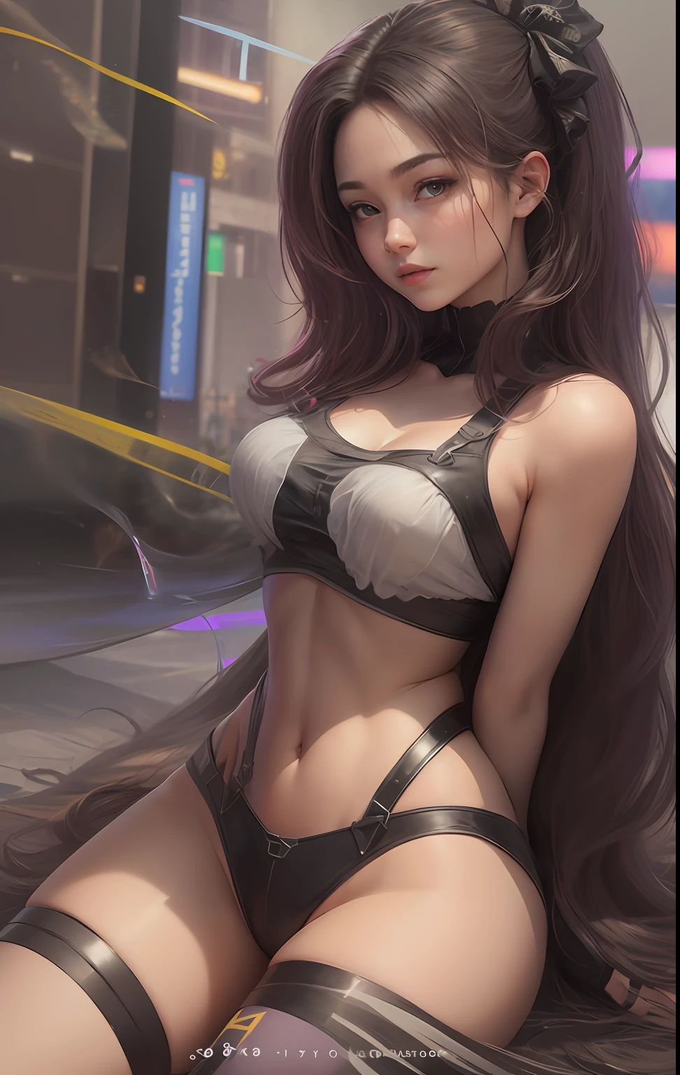 (8k, best quality, masterpiece:1.2), (realistic, photo-realistic:1.37), ultra-detailed,A detailed portrait of Tifa Lockhart from Final Fantasy VII Remake sitting at a detailed cafe in the cityscape on a date, looking cute and solo with beautiful detailed eyes and a nose blush. She wears a single elbow pad, ankle boots, a black skirt, black thigh-highs, and red boots, along with elbow gloves, elbow pads, and fingerless gloves. Her outfit includes a sports bra, suspender skirt, thigh-highs, and a white tank top. Her full body is visible with her head resting on her hand, showcasing her pretty face, low-tied long hair, and lips. The scene is illuminated with professional lighting, photon mapping, and radiosity, with Tetsuya Nomura Style and a cyber-futuristic feel. The background features yellow flowers and a bokeh effect. Tifa has a small smile and closed mouth. --auto