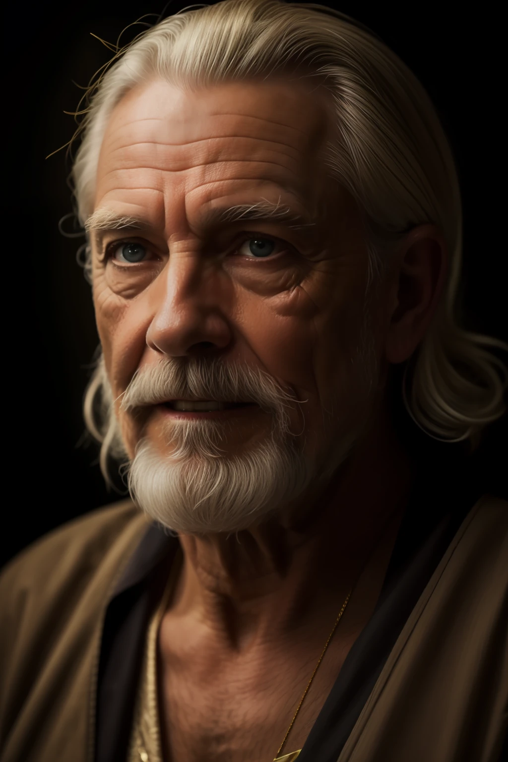 dark theme, ultra resolution, hyper realistic, hdr, absyrdres, cinematic shot, vignette, centered, short DOF,

a closeup portrait of an old man, Scandinavian, looking at camera,
blue old eyes,
short white hair, one braided hair curl, white VIKING BEARD,
missing teeth,
narrow face
dark skin, wide shoulders, weathered by sun and sat water,
royal doublet with gold patterns,

royal chambers

camera focus on an eye, high focal length, dslr, 200mm lens,
photo by Cristina Otero, dark studio, rim lighting, two tone lighting, dimly lit, low key, backlight,