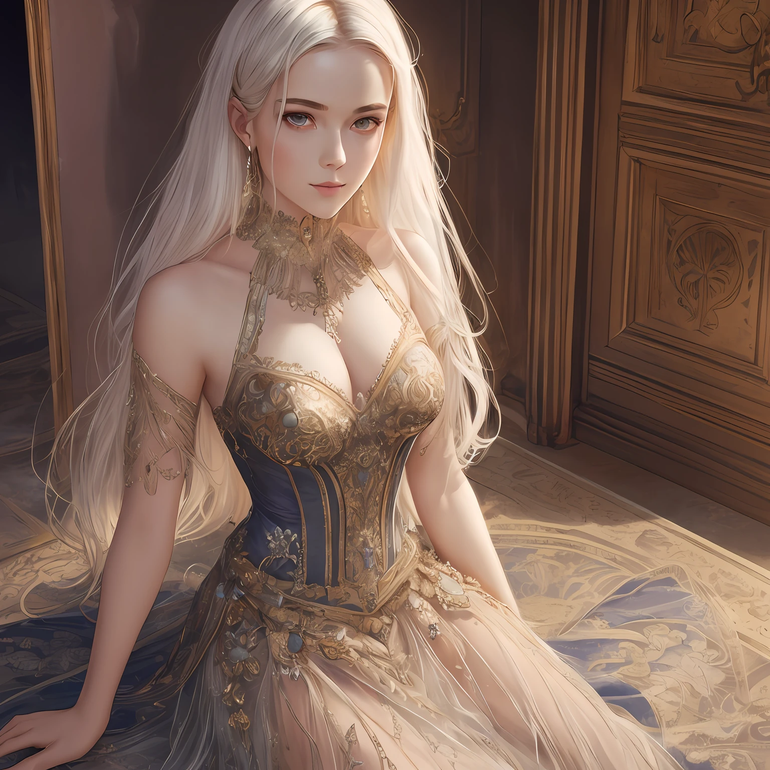 (Ultra Real), (Illustration), (High Resolution), (8K),Petite Body, (Very Detailed), (Best Illustration), (Beautiful Detailed Eyes), (Best Quality), (Super Detail), (Masterpiece), (Desktop Wallpaper), Beautiful Face, (Detailed Face), (Detailed Face), Clear Facial Features,Milky White,Fair Skin, High Detail Skin, Realistic Skin Details, Visible Pores, (Dynamic Pose), Sitting on the Ground, 1 Girl, John Collier and Albert M. Obright as well as the art of Krenz Kusatte and Artem Demura, Open Shoulders, Shallow Smile, Carmelto, Half Body, Perfect Scale , Open Shoulders Dress: 1.5, Doorway, Side Light, Ray Glow, Optical