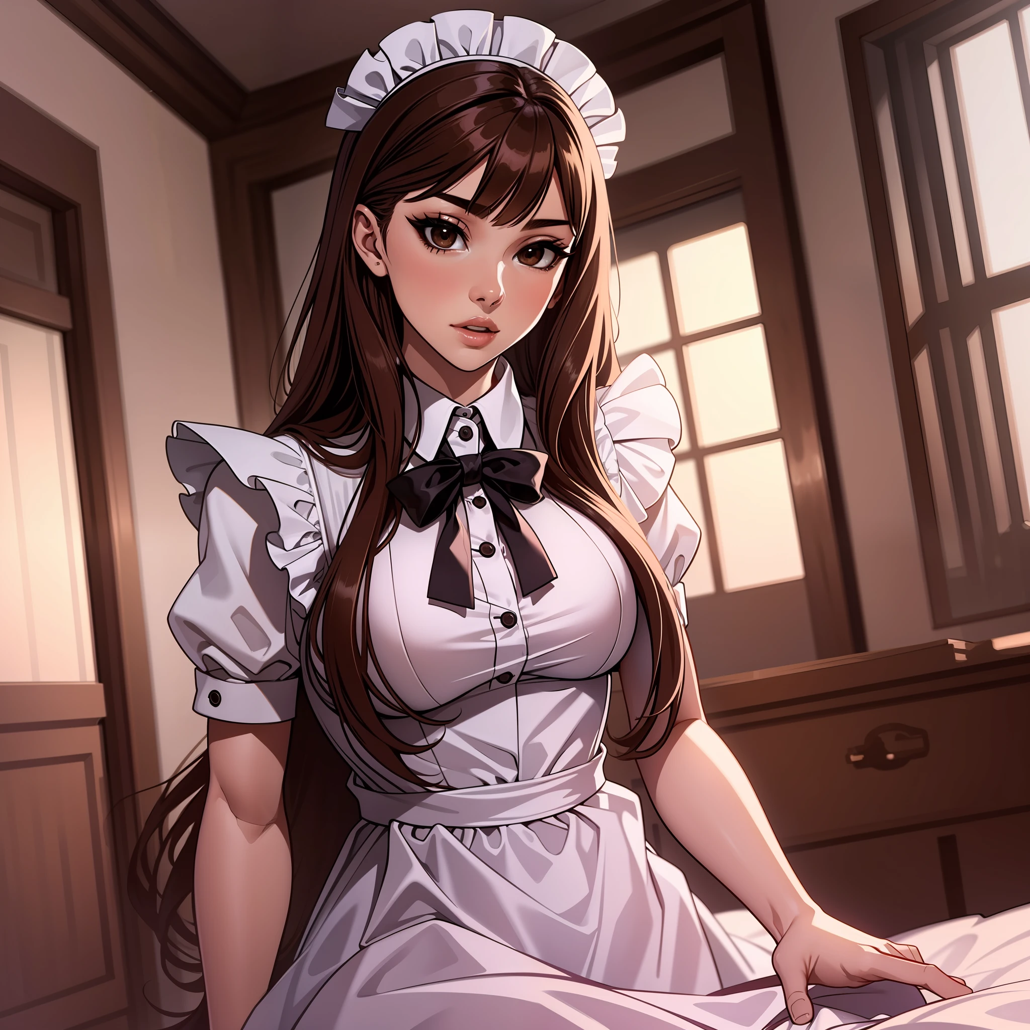 Hot woman, long hair, maid dress,sexy, inside room, brown hair, brown eyes