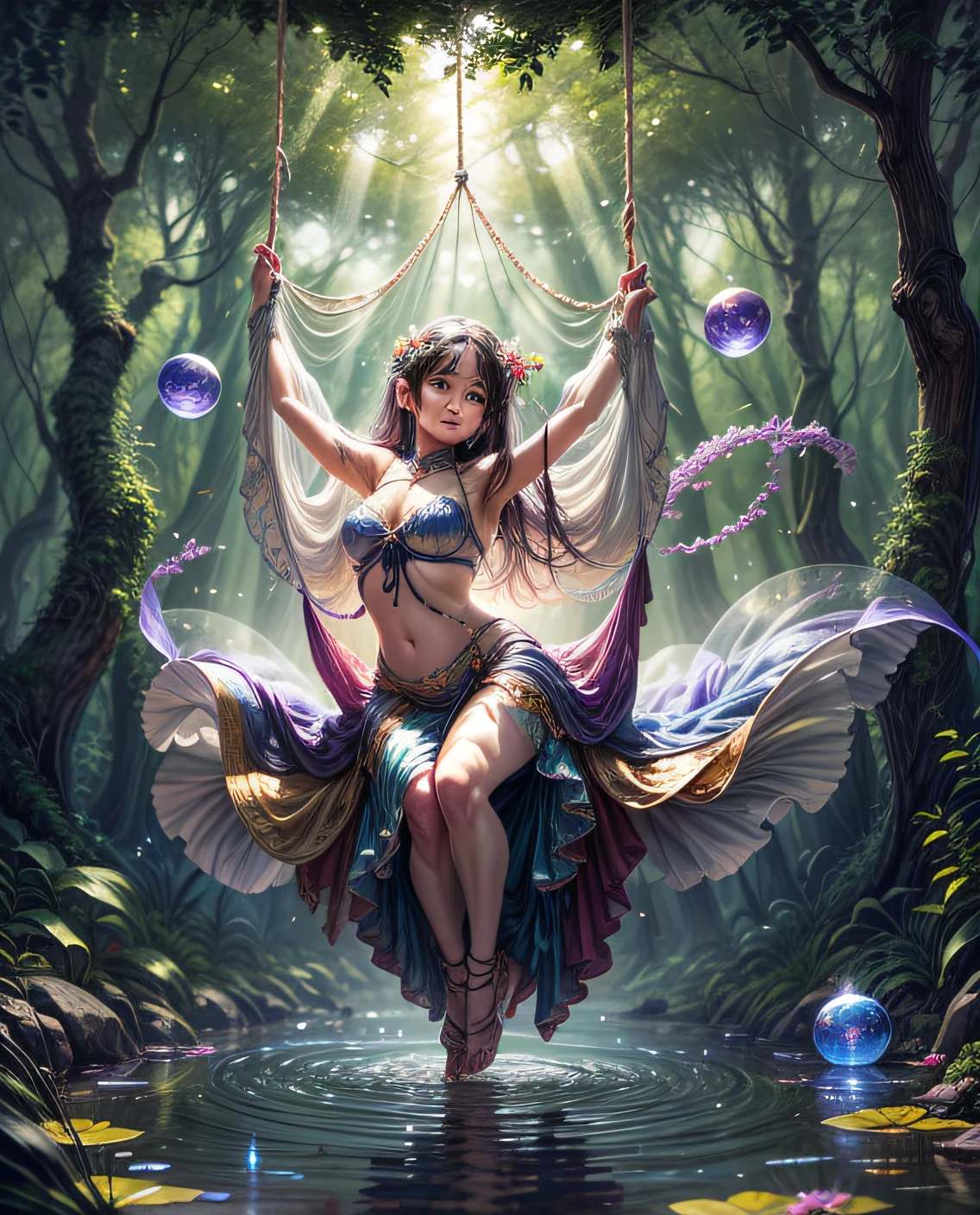 Enter a captivating scene where a woman is suspended by her belly, intricately tied with ropes, in a serene and magical fantasy realm. The setting is a lush, enchanted forest, filled with vibrant flora and ethereal creatures. Rays of golden sunlight filter through the canopy, casting a warm glow on the woman's delicate features. She dangles above a shimmering, crystal-clear lake, surrounded by floating orbs of light. The atmosphere is filled with a sense of wonder and mysticism. This scene will be depicted in an anime-style illustration, with soft, pastel colors, flowing lines, and intricate details. The artwork will capture the enchantment and beauty of the fantasy world, emphasizing the woman's ethereal presence and the harmonious connection with nature.