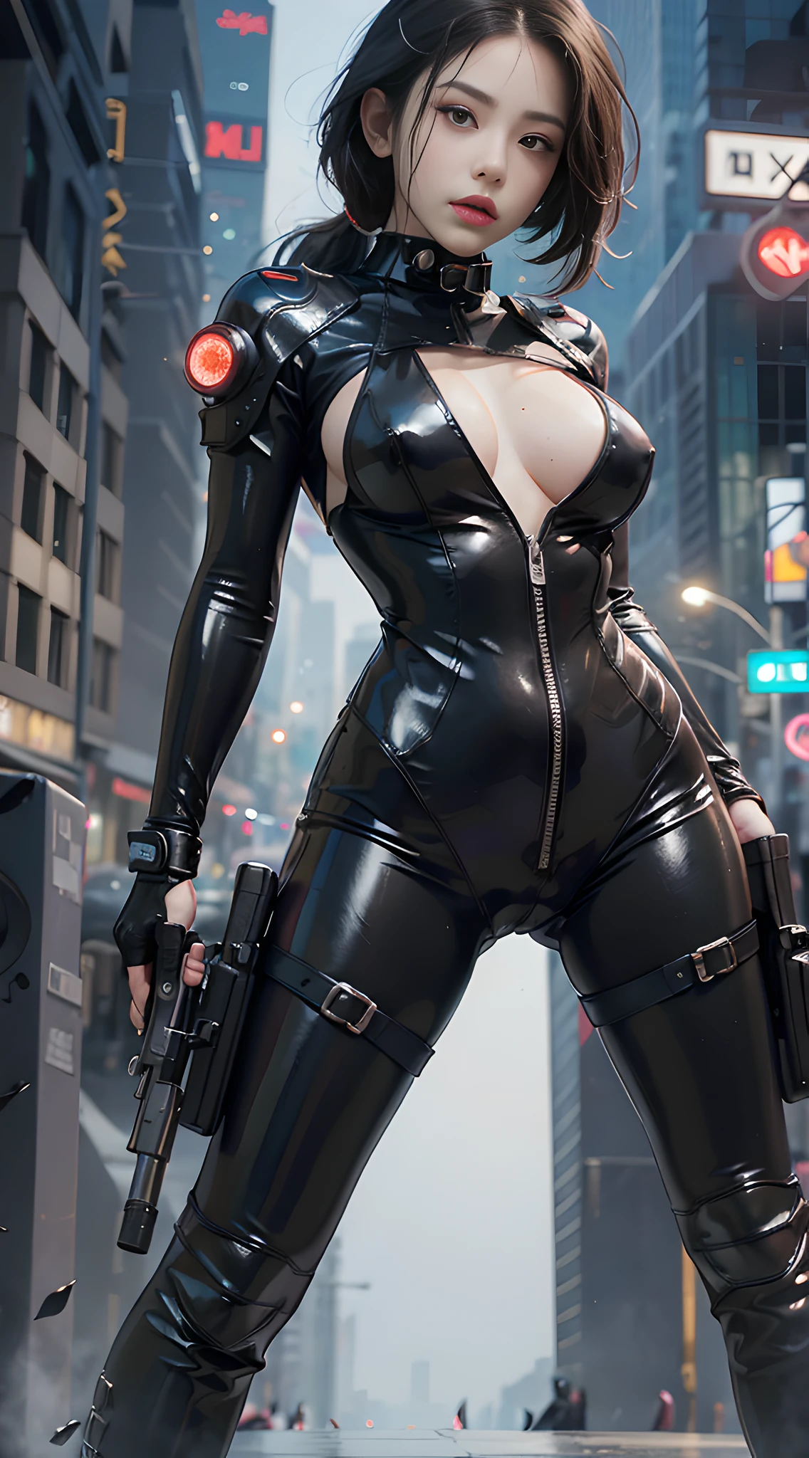 solo, super fine photo, portrait Unreal Engine 5 8K UHD of a girl in a skin tight futuristic black latex outfit with white jacket, slick black catsuit, black iconic character, smooth black skin, black body, PVC, glossy latex suit, rubber suit, rubber belts, collar, futuristic full face helmet, futuristic rubber glove, futuristic high boots, arm and leg cuffs, straps, cyberpunk world, have a gun, best quality, masterpiece, official art, unified 8k wallpaper, super detailed, sharp focus, dynamic pose, body parts, no extra limbs, precisely anatomy