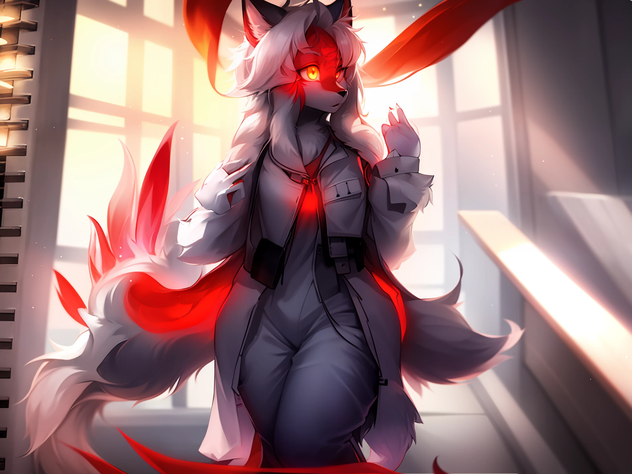 furry, white fur, ultra cute face, red elements on fur, glowing t-shrt, beautiful lights and shadows, ambient light, ultra detailed fur, volumetric light