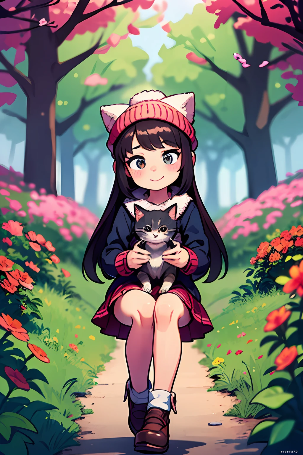 high resolution, professional lighting, an incredibly charming  girl wearing a knitted hat, accompanied by her adorable kitten, enjoying a lovely summer outing surrounded by beautiful scarlet flowers and natural scenery, masterpiece, best quality