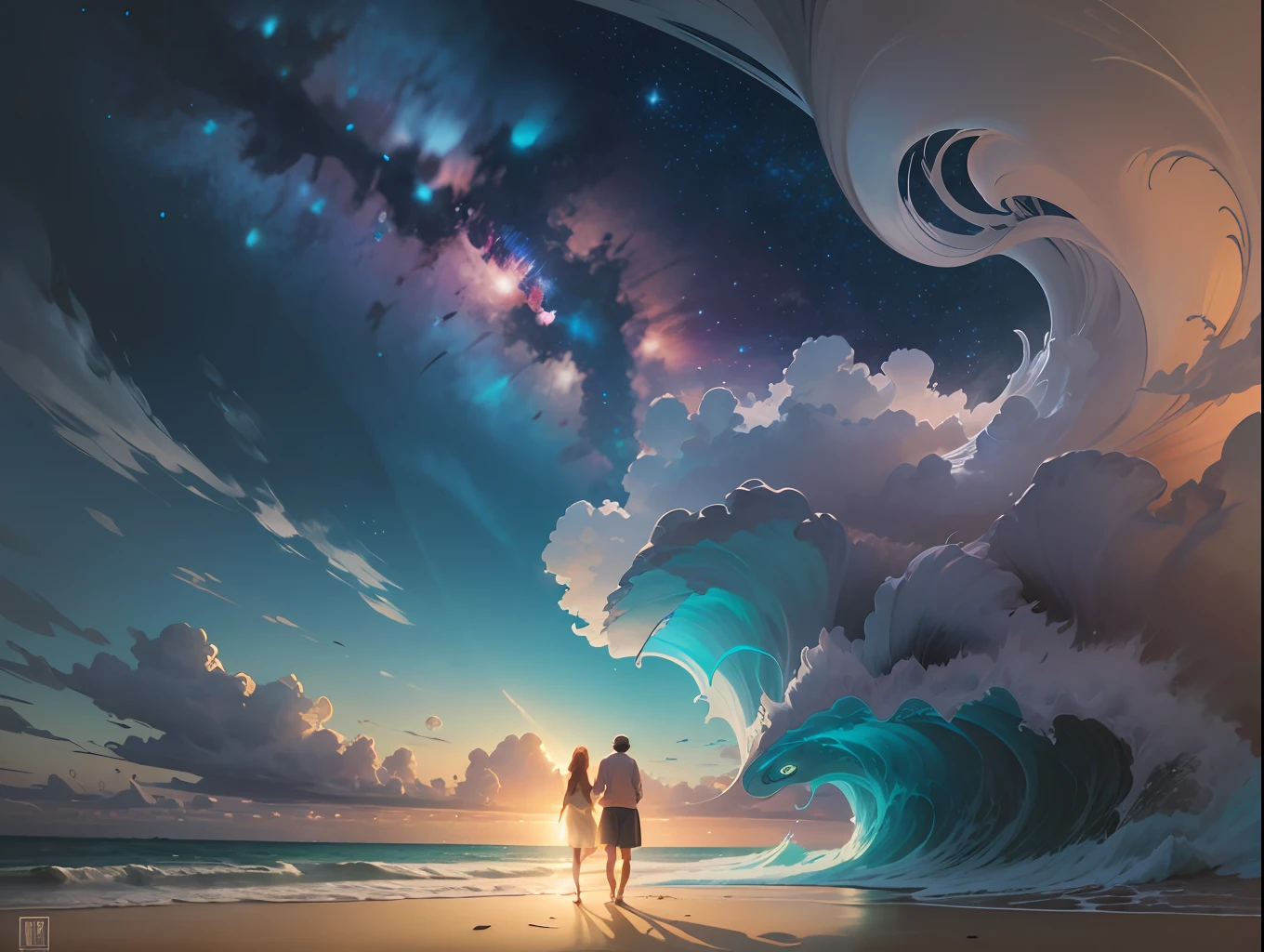 Night covers the sea, the breeze blows through the waves, and the tide spreads on the beach. The lights in the distance are dotted, like pearls scattered in the night. On the coast, a couple of lovers are strolling, and soft music lingers around them, conveying deep emotions. They walked hand in hand, step by step, on the beach, as if the whole world was left with just the two of them. The sea beside them is like the love in their hearts, boundless and vast, never stopping. This scene is like a world away, but in this West Sea love song, with the melody constantly emerged. Comic book style, 4K Ultra HD --auto --s2
