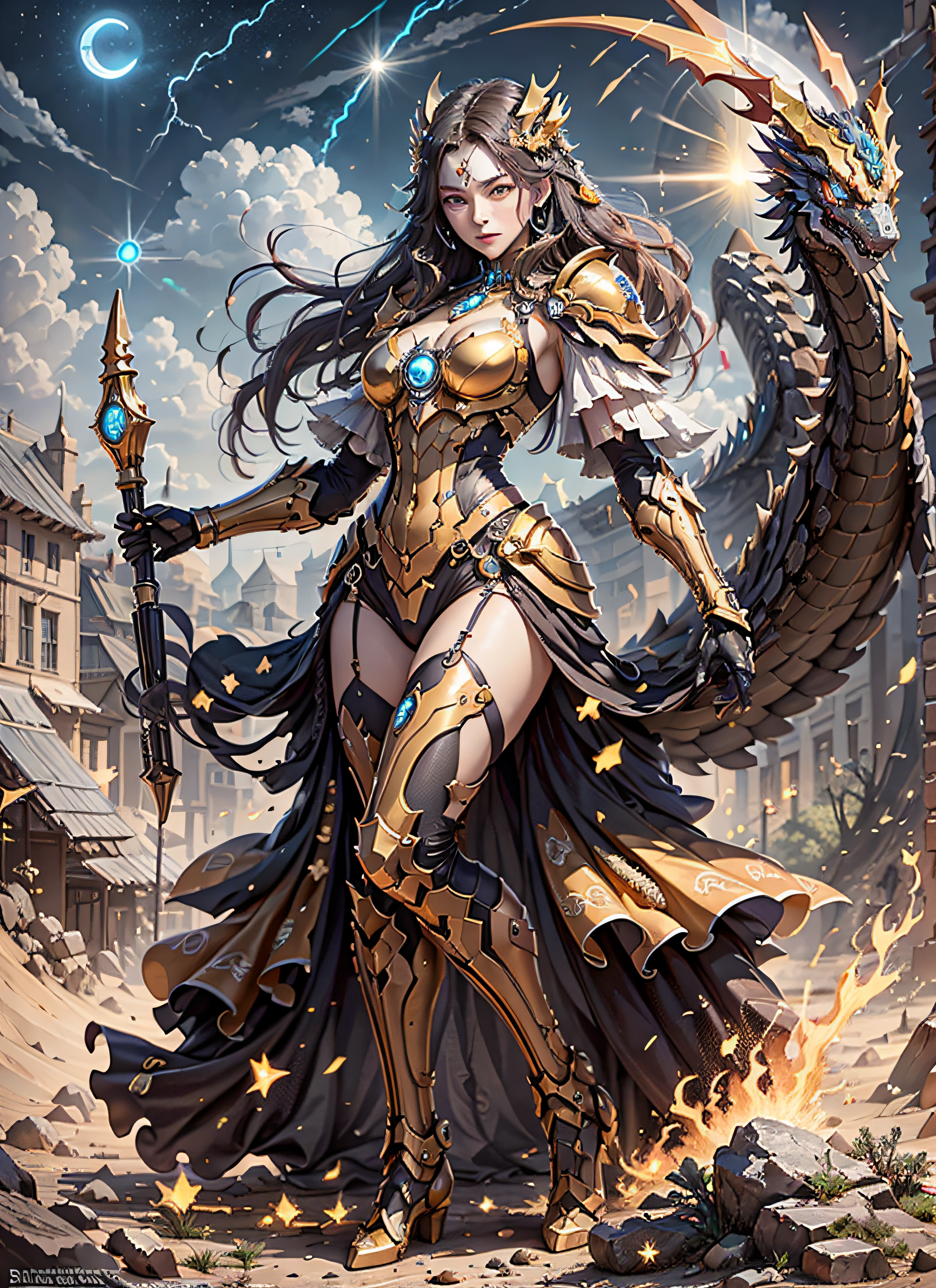 1girl, beautiful empress of the sun, detailed eyes, detailed face, detailed skin, mature body, tall body, seductive body, medium large chest, medium thigh, desert BREAK and pyramid bottoms, holding only a holy sun scepter, phoenix dragon in the sky, highly saturating sun rays, holy ceremony, angelic halo, dazzling golden and orange spark around, sacred magic circle,  golden crown, golden majestic lightning, best quality, masterpiece, trend in art station, BREAK, detailed, realistic, highly detailed digital art 8k, octane rendering, bioluminescent, concept art resolution BREAK 8K, realism, by studios Mappa, masterpiece, best quality, official art, illustration, ligne claire, (cool_color), perfect composition, absurdists, fantasy, focused, full body in attack pose, night sky with clouds,  full moon