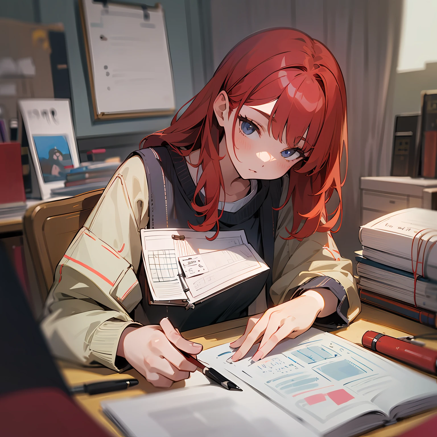 Draw a cartoon propaganda poster with the theme of "counterattack struggle" of female students: the picture character is the same junior high school female student studying hard, surrounded by bookshelf desks and various study books, and the painting needs to add "counterattack" these two very popular style Chinese Chinese characters. --auto