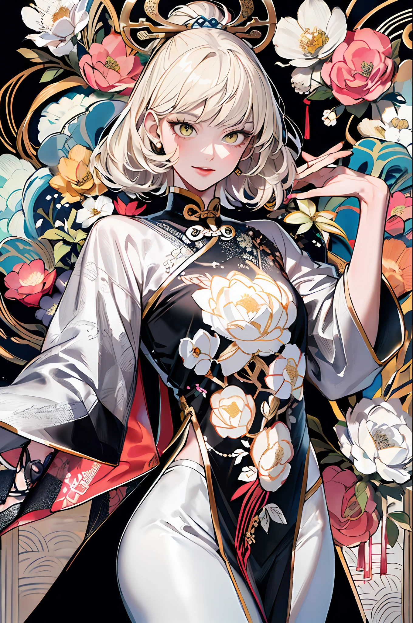 (masterpiece:1.2, best quality), (zentangle:1.2), (dynamic pose), (abstract background:1.5), (traditional dress:1.2), short platinum blonde, 1lady, wide hips, (shiny skin), multiple colors, upper body, ( from Below), dynamic pose, bright yellow embroidered Chinese cheongsam, long skirt, embroidery, pattern, stunning floral art