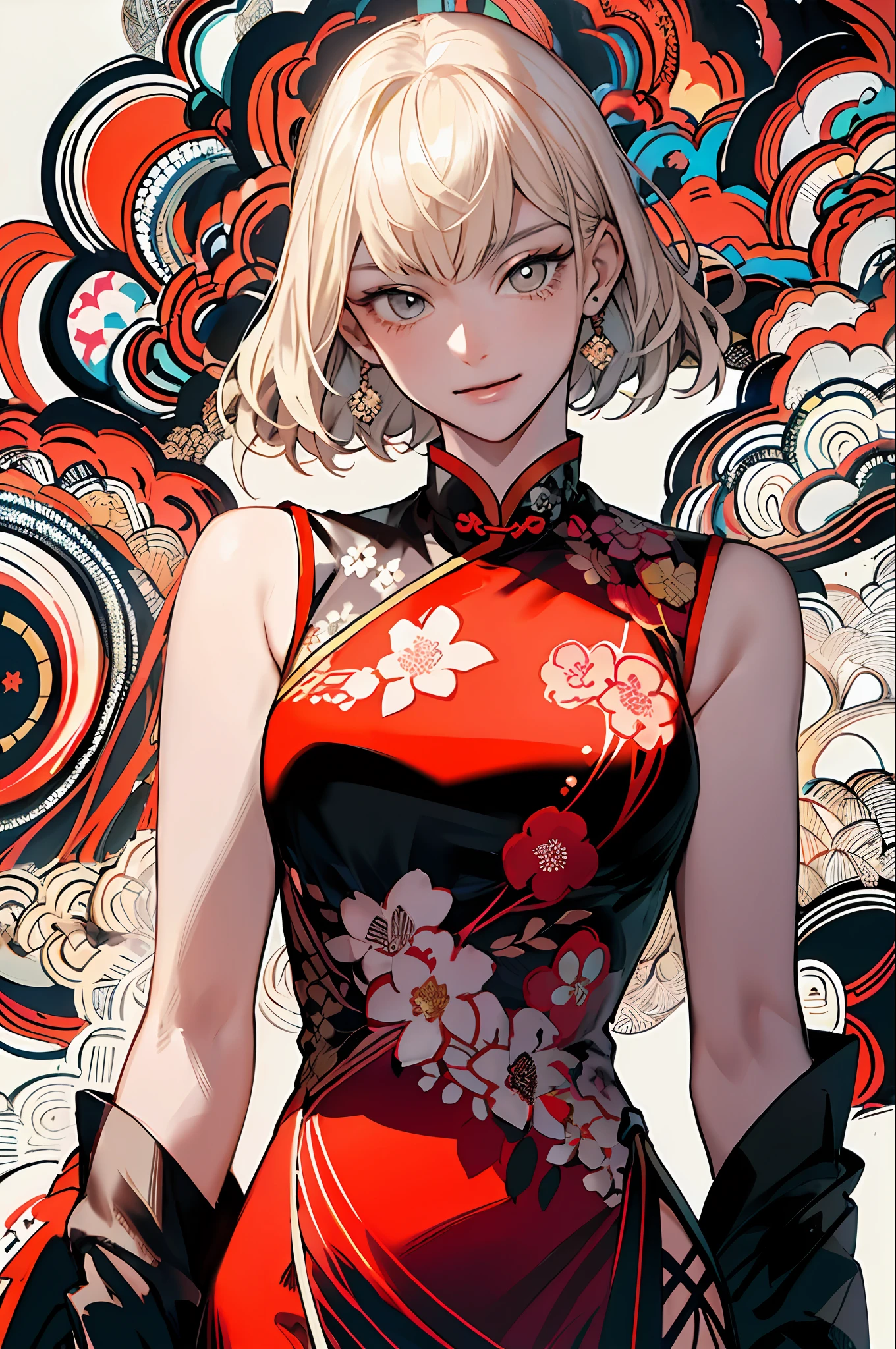 (masterpiece:1.2, best quality), (zentangle:1.2), (dynamic pose), (abstract background:1.5), (traditional dress:1.2), short platinum blonde, 1lady, wide hips, (shiny skin), multiple colors, upper body, ( from Below), dynamic pose, bright yellow embroidered Chinese cheongsam, long skirt, embroidery, pattern, stunning floral art