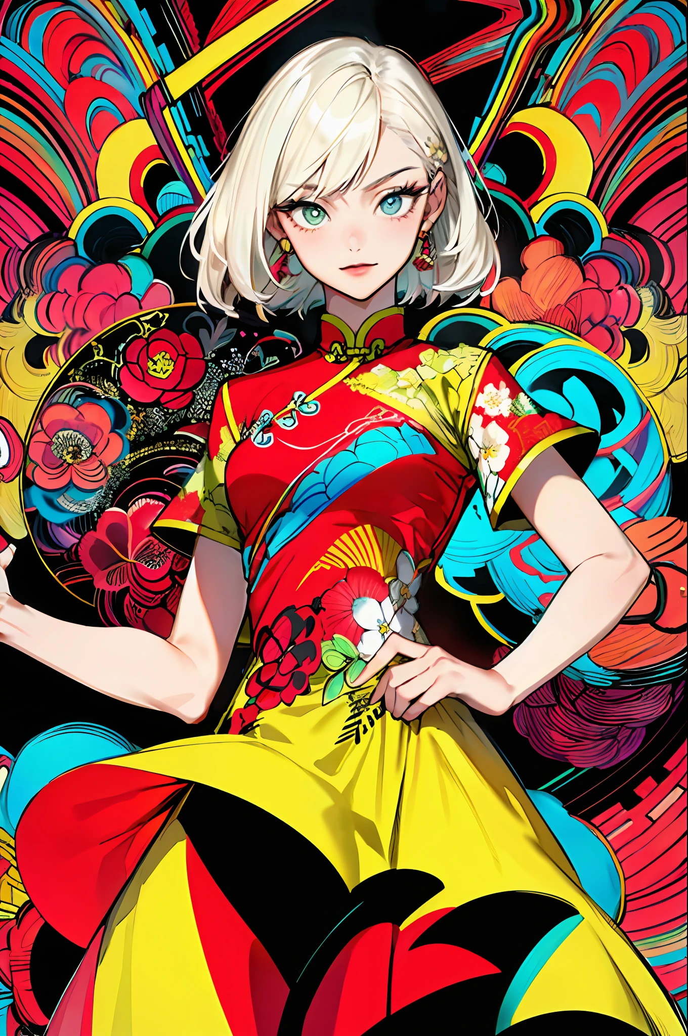 (masterpiece:1.2, best quality), (zentangle:1.2), (dynamic pose), (abstract background:1.5), (traditional dress:1.2), short platinum blonde, 1lady, wide hips, (shiny skin), multiple colors, upper body, ( from Below), dynamic pose, bright yellow embroidered Chinese cheongsam, long skirt, embroidery, pattern, stunning floral art