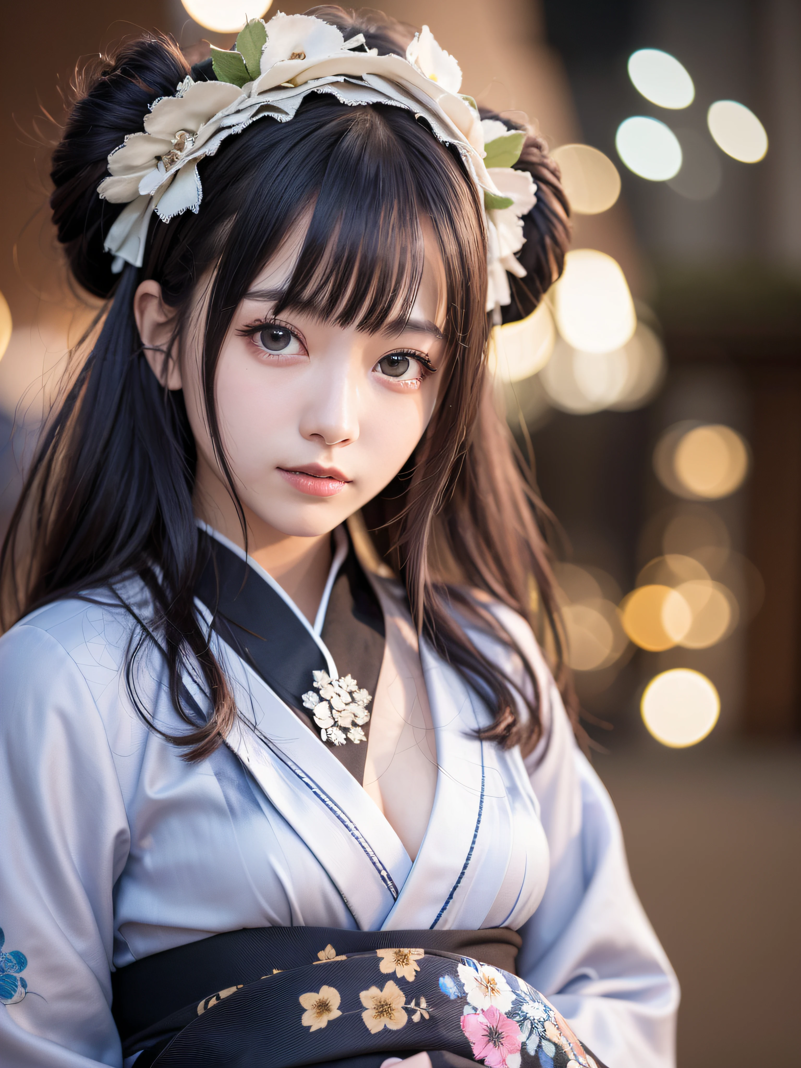 (realistic, photo-realistic:1.37), incredibly absurdres, (insanely detailed:1.3), 8k, (masterpiece), (best quality:1.4), (ultra high res:1.2), (RAW photo:1.2), ultra detailed background, (unity 8k wallpaper), 1 nogizaka girl, utterly cute, bishojo, yo, (gothic lolita yukata-kimono), an exquisitely detailed and beautiful face and eyes and skin, detailed black shine hair, medium breasts, a yukata-kimono with delicate, soft fabric, smile at the camera, cowboy shot, the star festival in july 7th, tanabata, at night, professional lighting