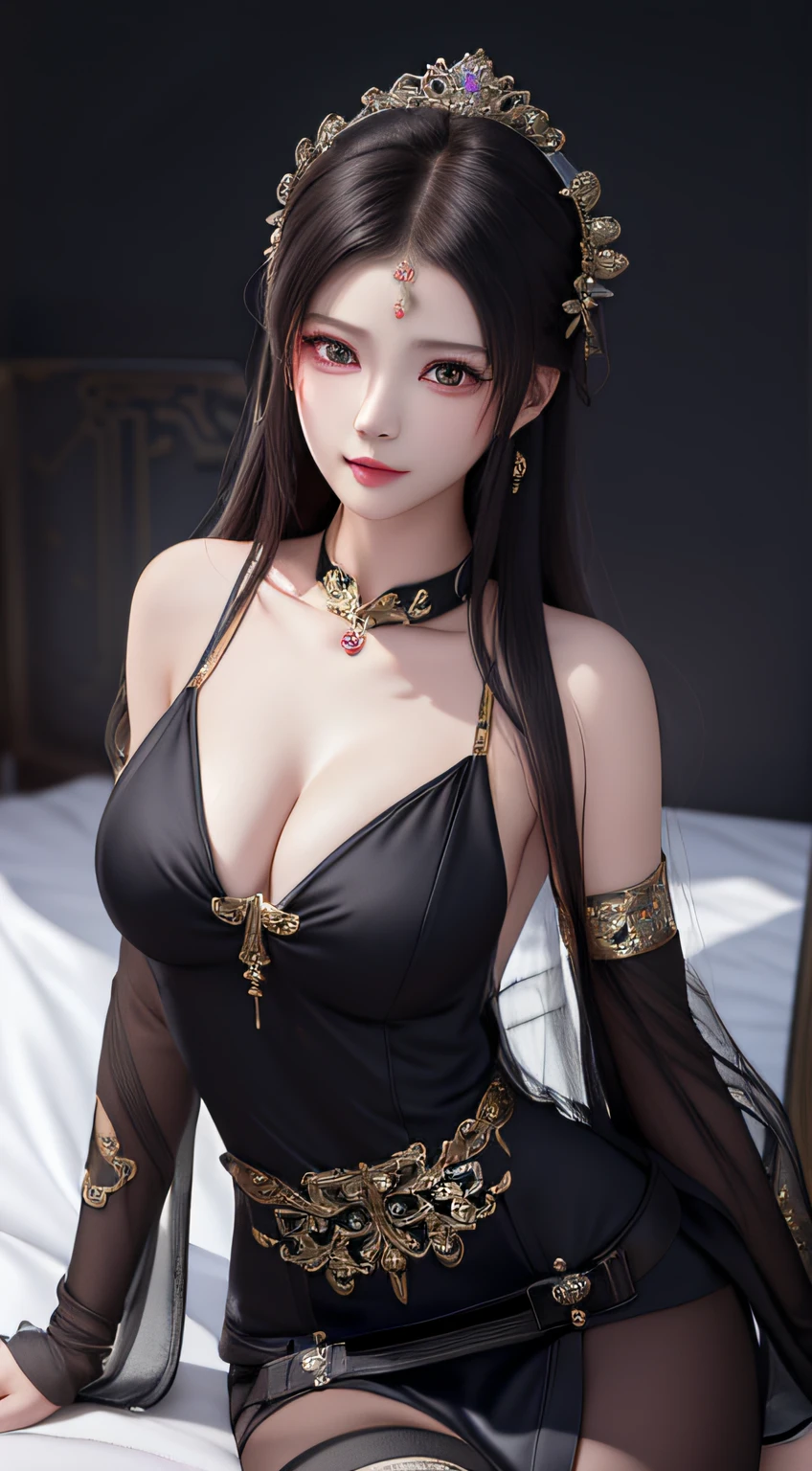 sexy asian woman in black dress sitting on bed with a mirror, a beautiful fantasy empress, full body xianxia, trending on cgstation, ((a beautiful fantasy empress)), seductive anime girl, 8k high quality detailed art, trending at cgstation, artwork in the style of guweiz, royal elegant pose, seductive. highly detailed