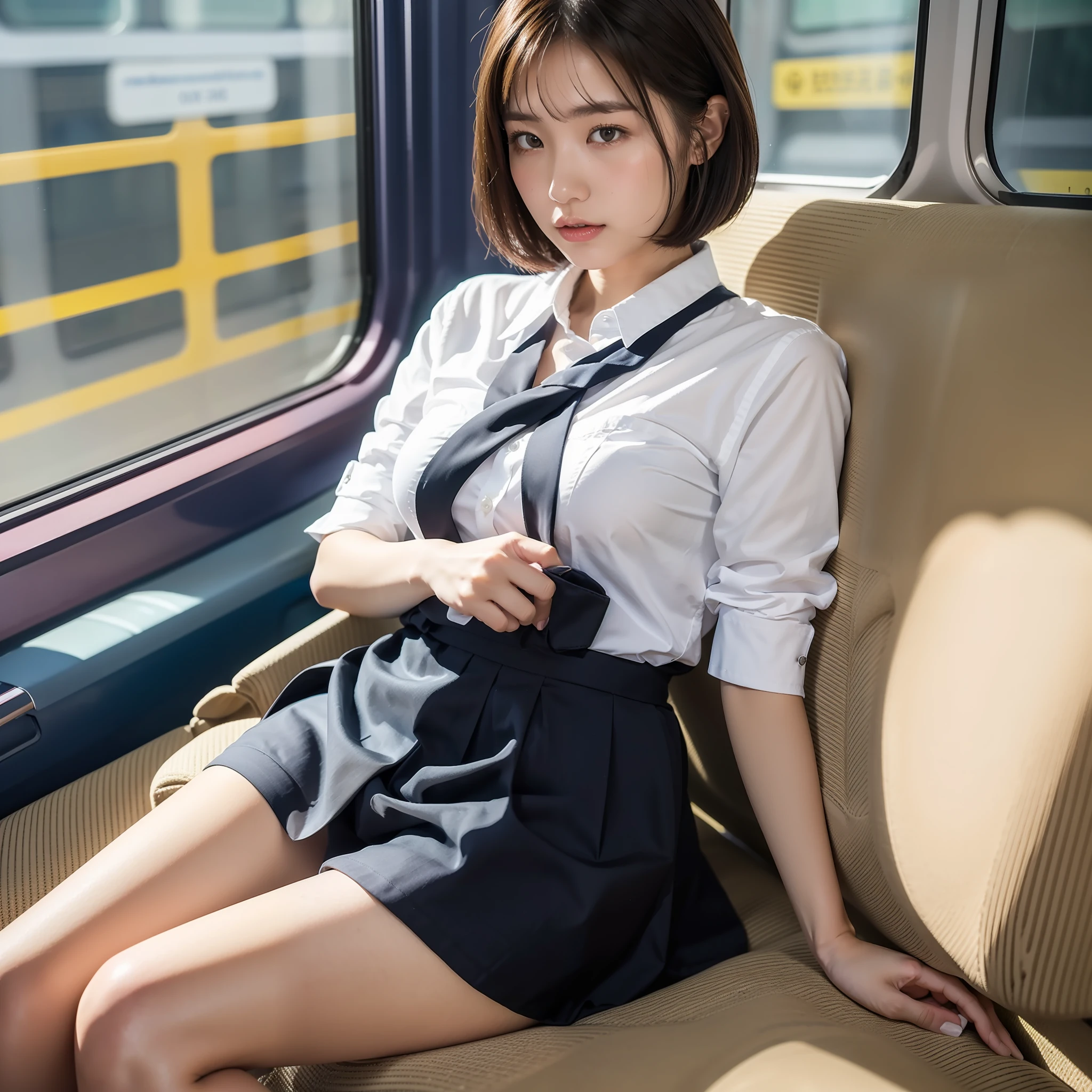 ((Best Quality, 8k, Masterpiece: 1.3)), Focus, 1 japanese girl, 19 years old, Perfect Body Beauty, ((Random Haircut, Breasts)), (white school shirt, dark blue short skirt) , ((sitting facing forward in a train seat, Japanese train)), japanese school uniform, (((white pantie that can be seen through gap between her legs))), Highly Detailed Face and Skin Texture, Whitened Skin, low angle