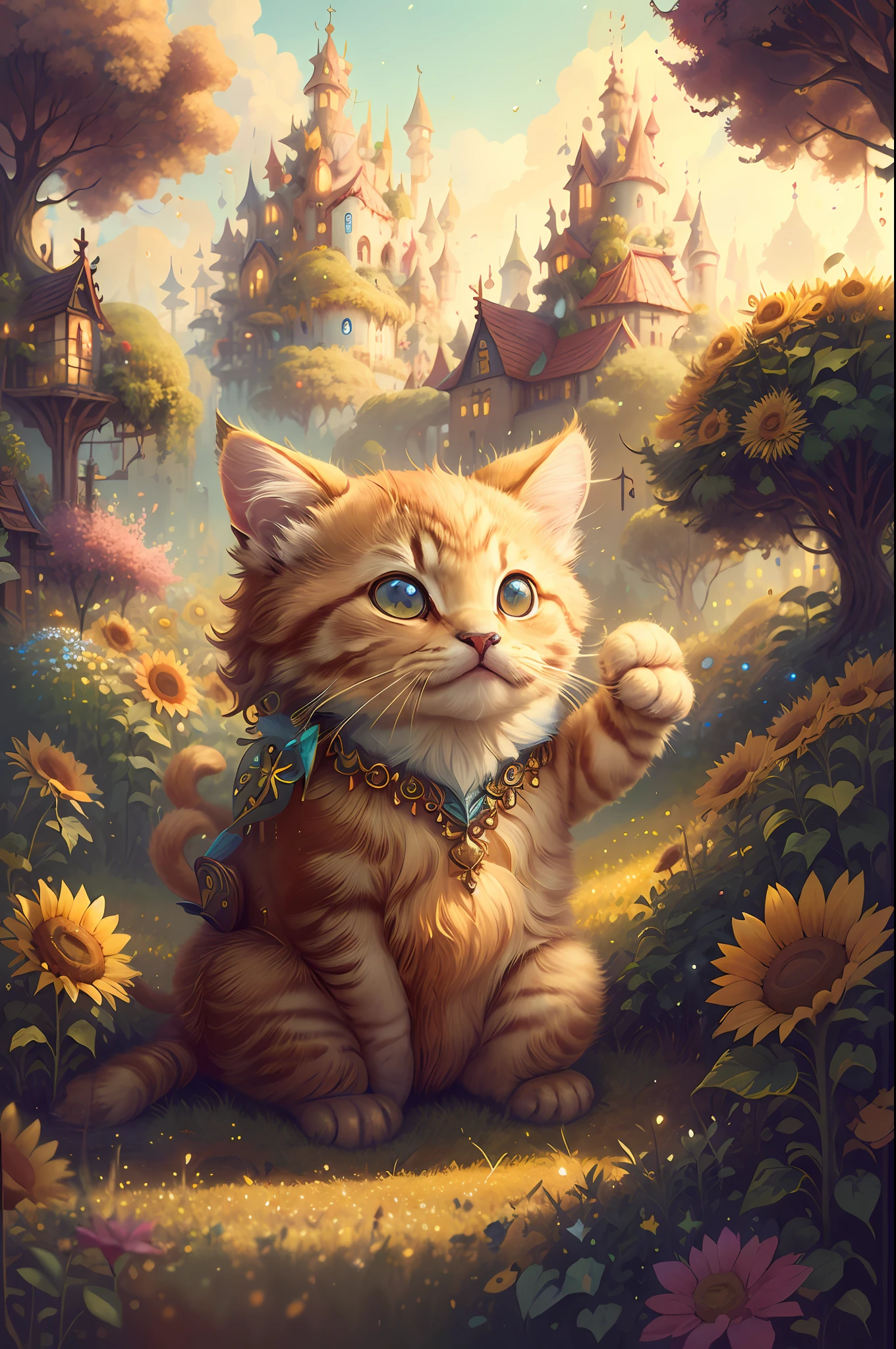 top quality, (masterpiece: 1.2),
fairy tale, fantasy creature, golden kitten, sunflower field around