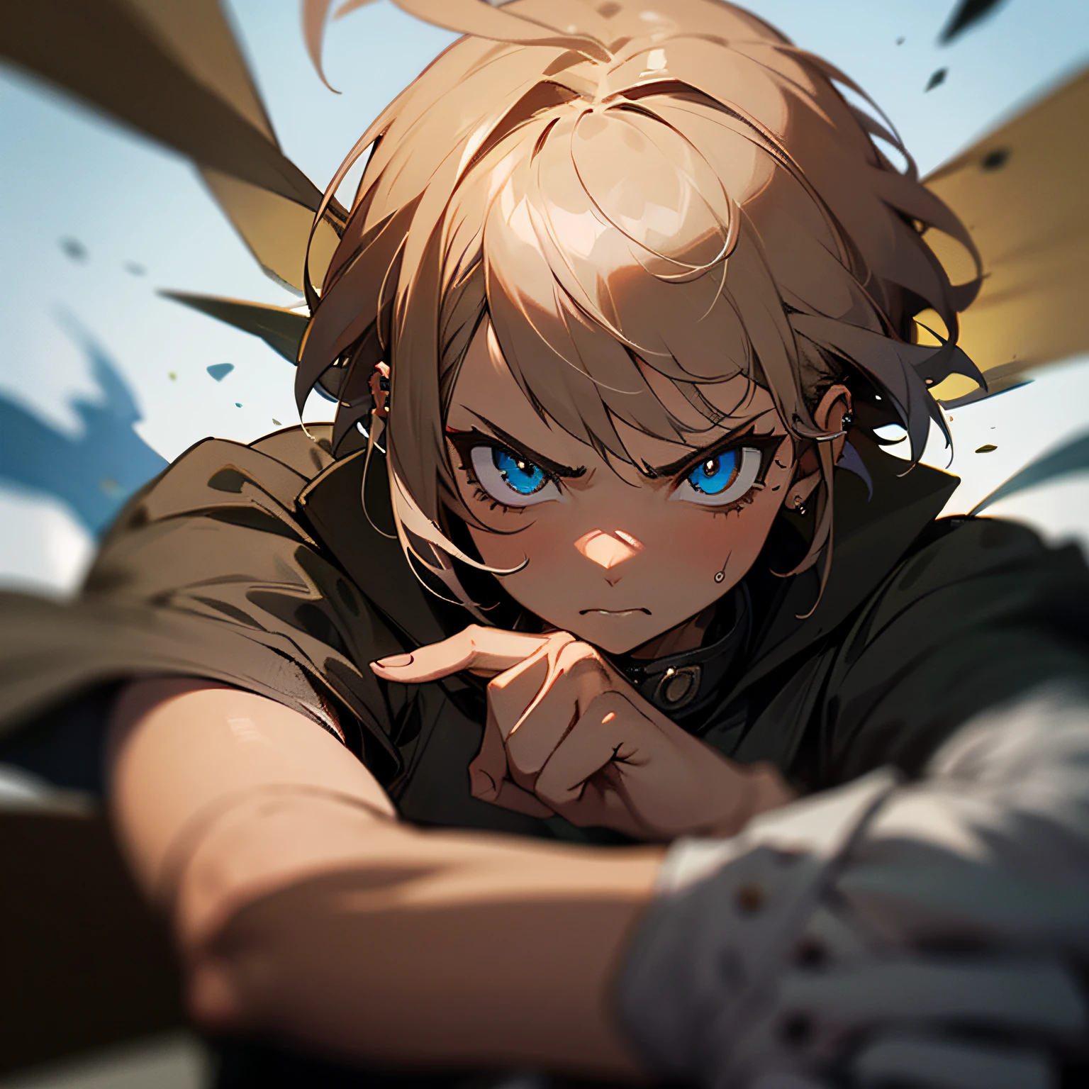 Masterpiece,Highly Detailed,1girl,brown skin,hair partially shaved,short,movement,in-battle,battle ready,piercing,fierce looking,staring determined,beautiful face,beautiful short hair --auto