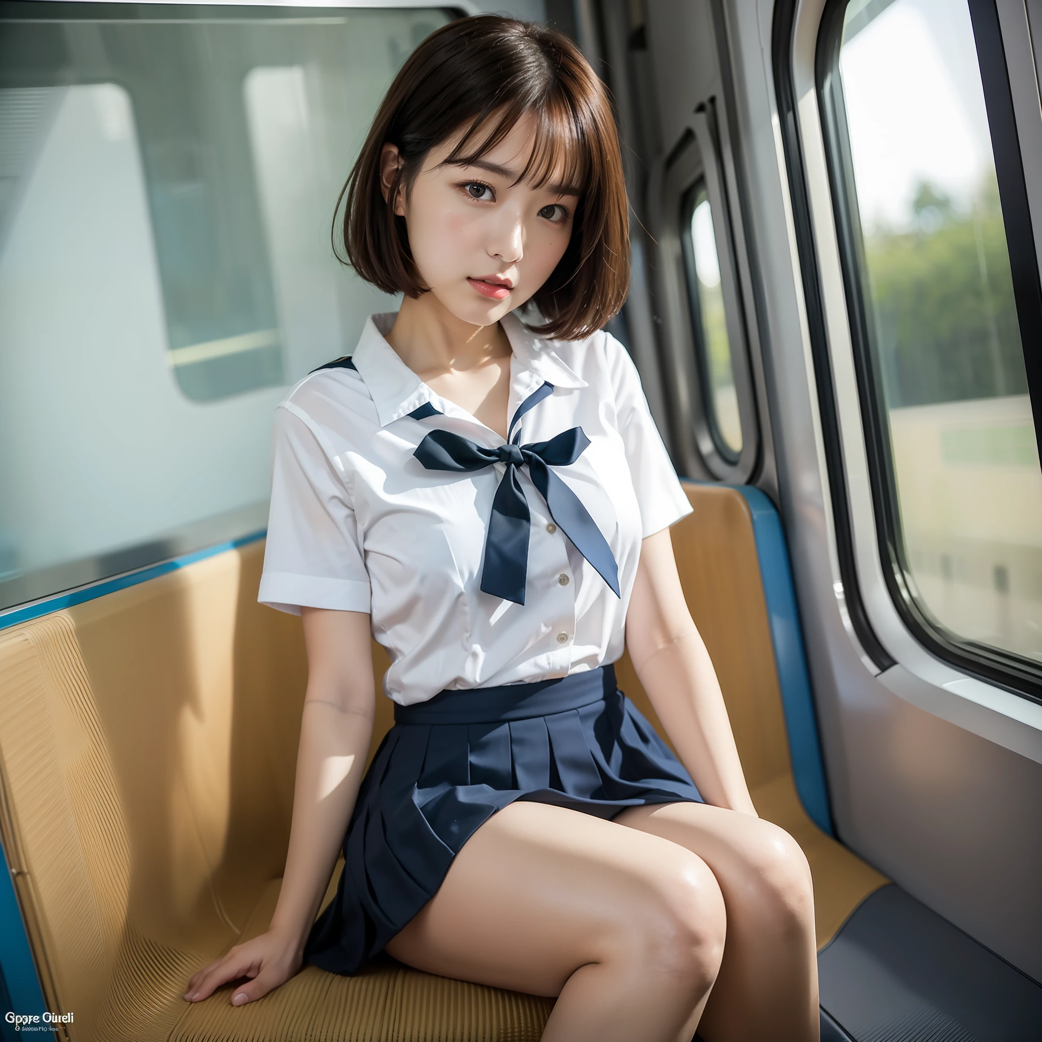 ((Best Quality, 8k, Masterpiece: 1.3)), Focus, 1 japanese girl, 19 years old, Perfect Body Beauty, ((Random Haircut, Breasts)), (white school shirt, dark blue short skirt) , ((sitting facing forward in a train seat, Japanese train)), japanese school uniform, (((white pantie that can be seen through gap between her legs))), Highly Detailed Face and Skin Texture, Whitened Skin, low angle