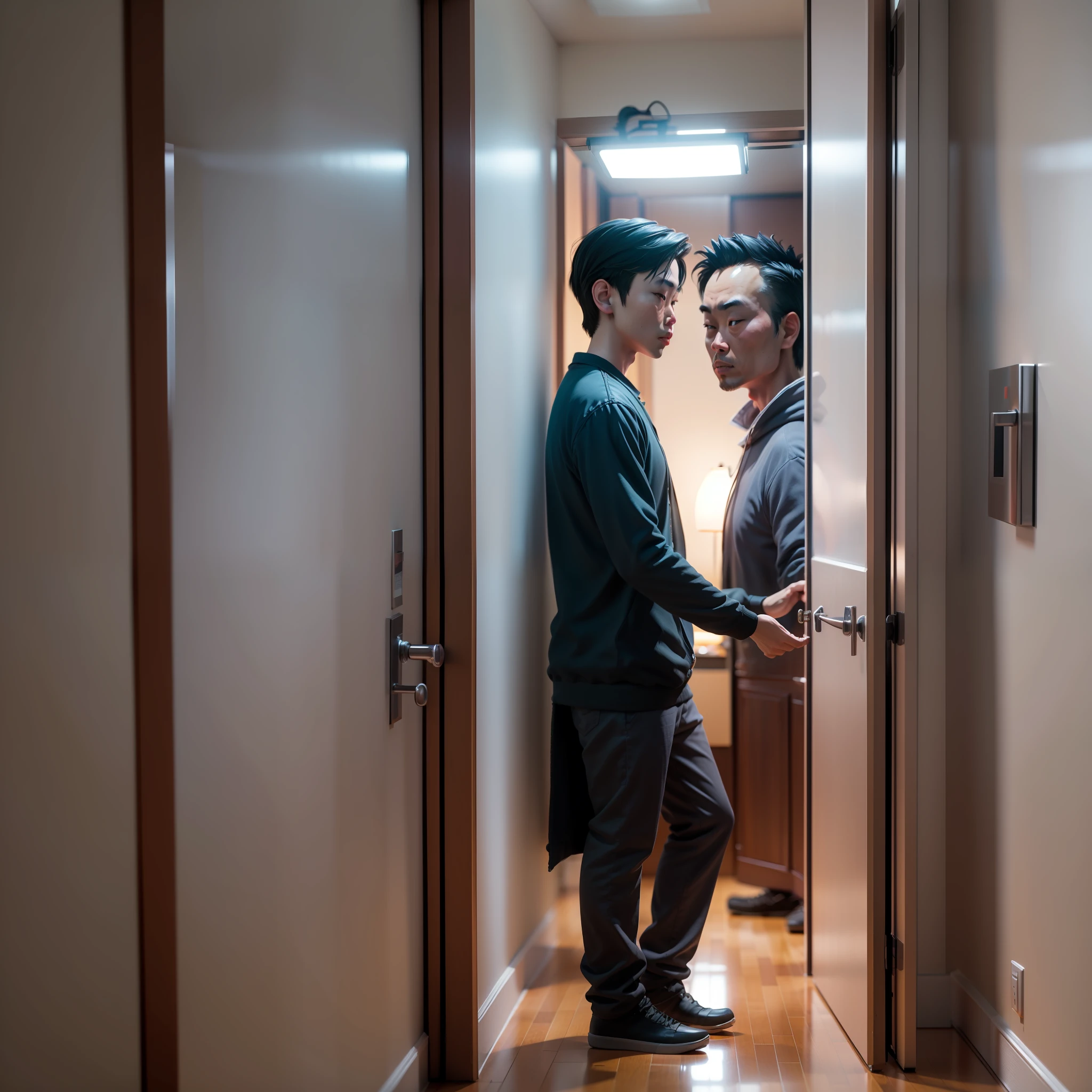 3D animation quality + inside a high-rise apartment + midnight + dimly lit aisle + a person (Asian face) opens the door + leans out half of his body, sideways