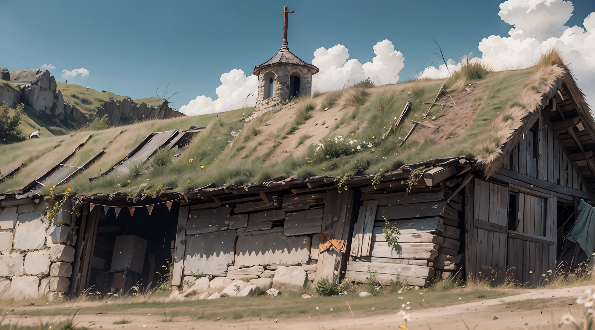 somewhat distant, summer, on a mountain, peak, battered house, large garage, cave, wonder, ancient, mysterious, fantastic, 8k, highest quality