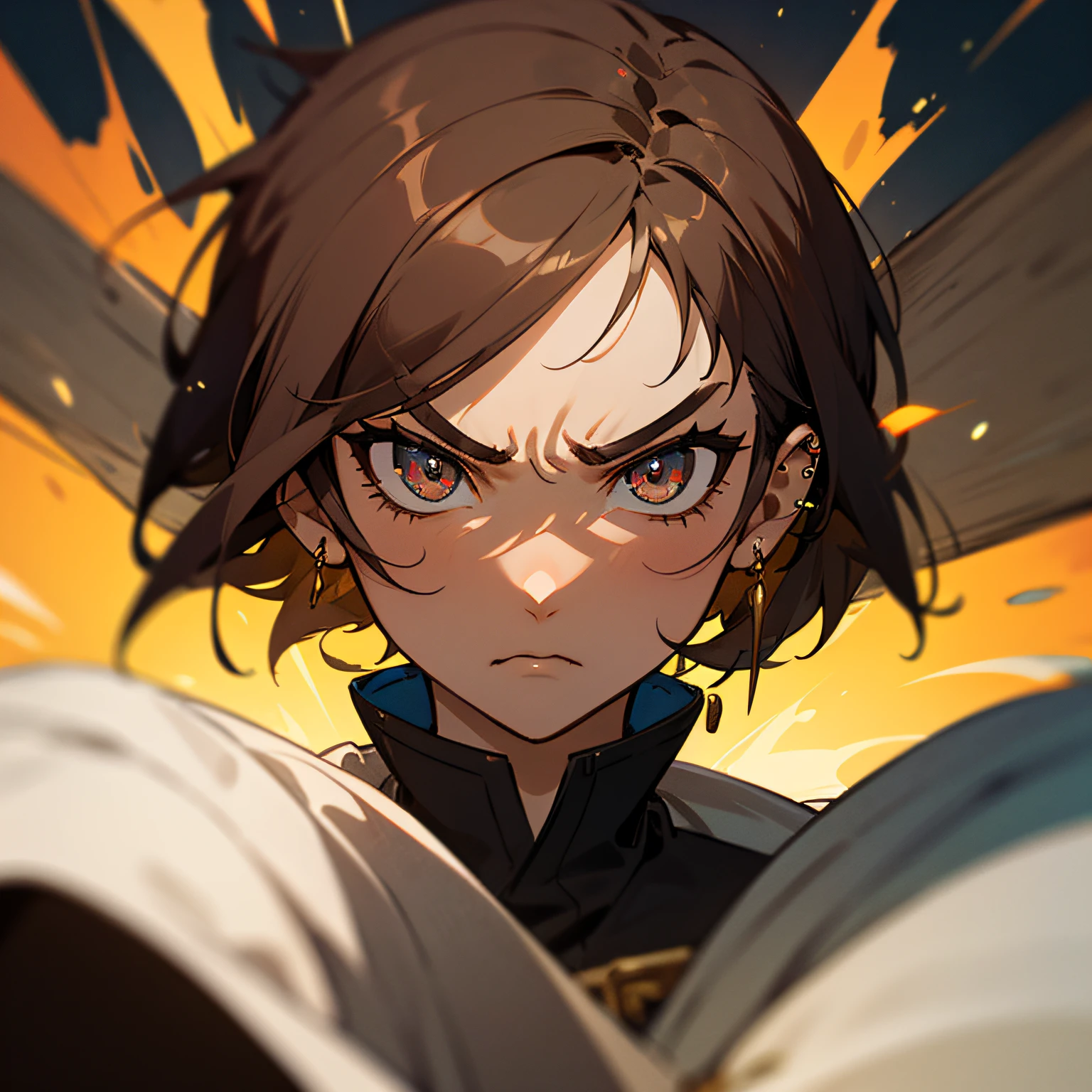 Masterpiece,Highly Detailed,1girl,brown skin,hair partially shaved,short,movement,in-battle,battle ready,piercing,fierce looking,staring determined,beautiful face,beautiful short hair --auto