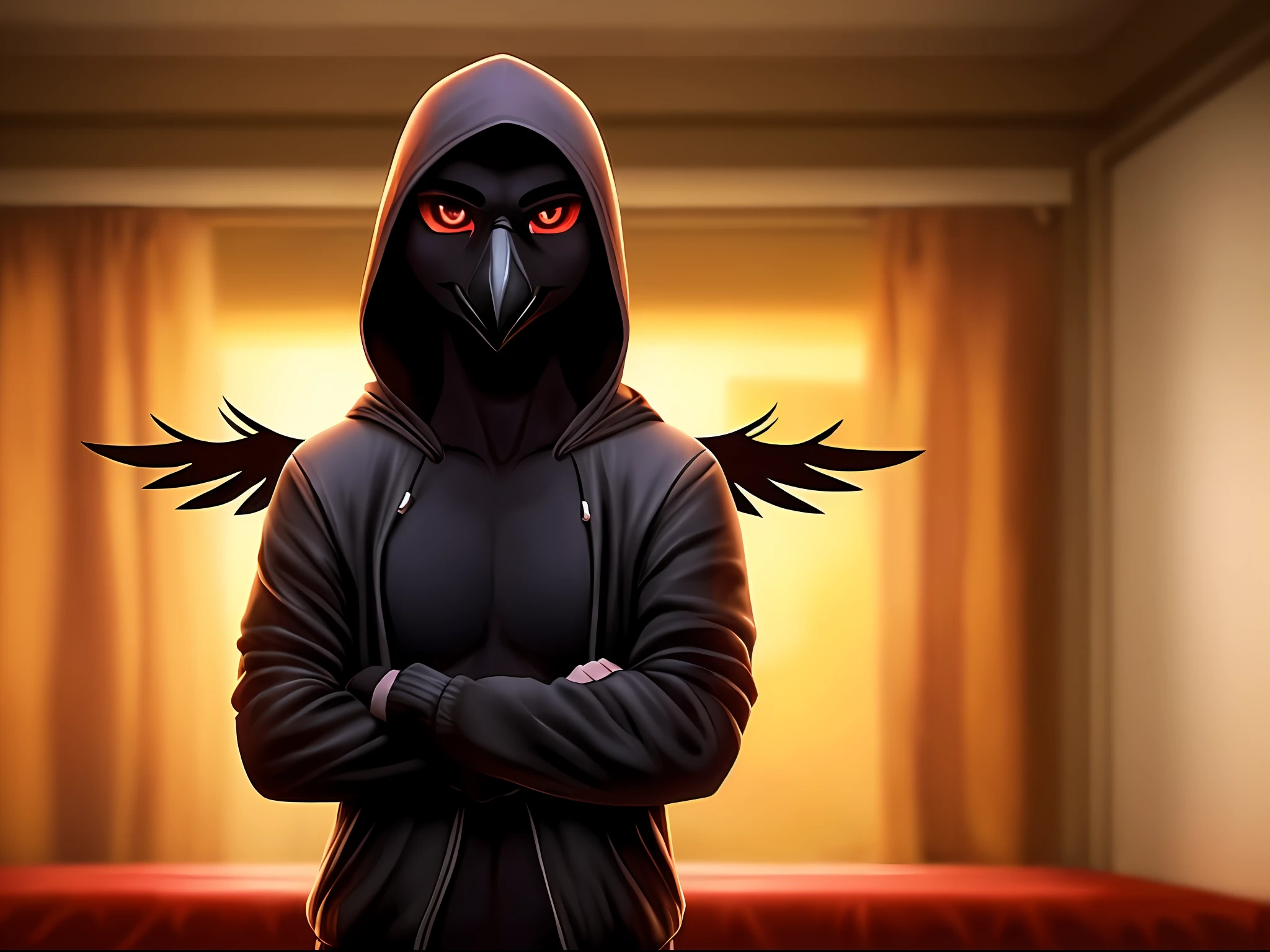 solo (( crow man)) with (((black body))) and (((black beak)) and (black claws) and ((light red eyes)) and ((black back wings)),
 BREAK ((wear a closed white jacket with hood)))),
  (detailed skin), (detailed feathers), (detailed skin), BREAK,
(( Looking at the viewer with serious eye)), (cinematic lighting), ((detailed background)), (( hands crossed)),
(((frontal view))), (dark),
[backlighting], [twilight ray], [detailed ambient light], [gray natural lighting], 
[realistic proportions], [explicit content], [sharp focus], (questionable content), (shaded), ((masterpiece)), BREAK