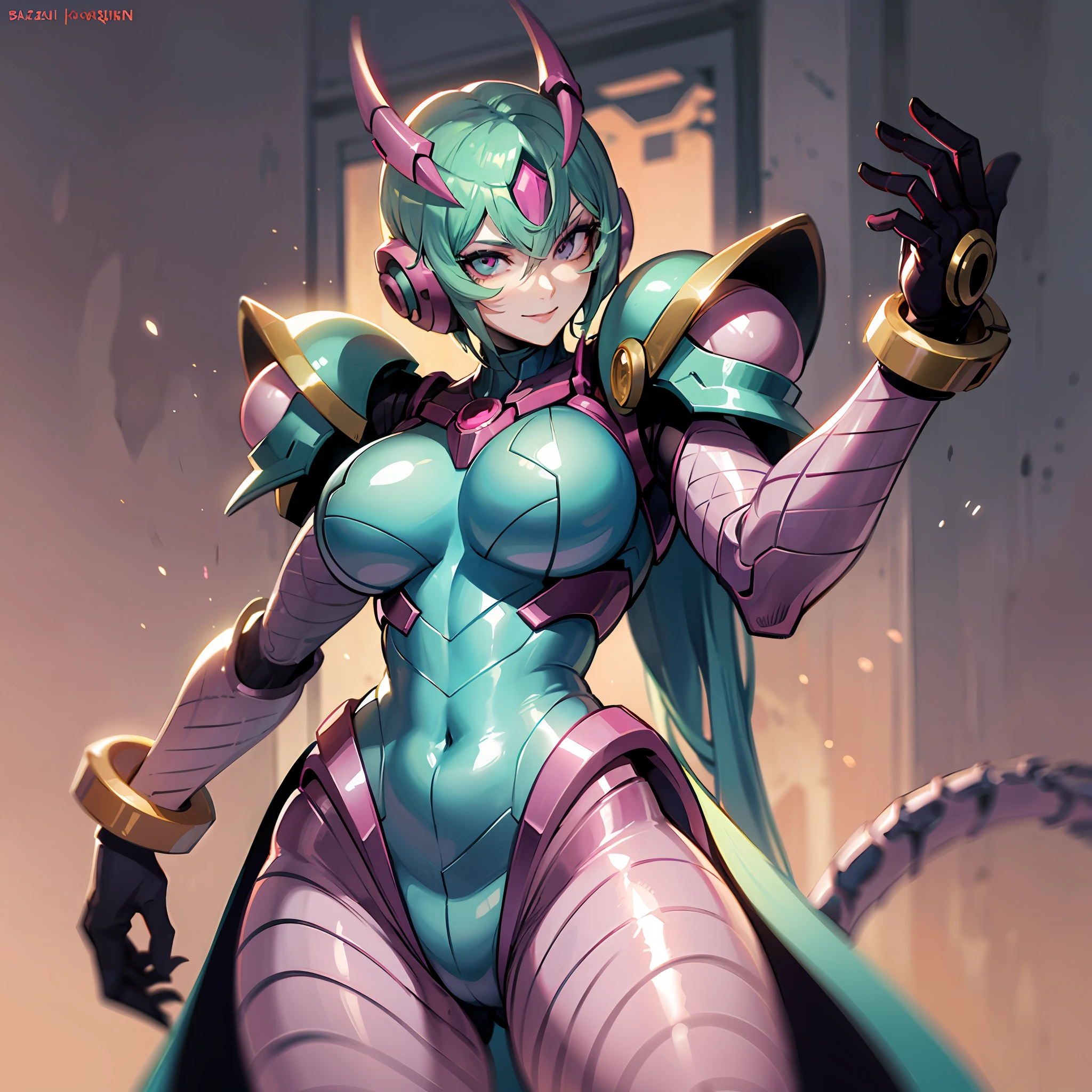 Hot insect shell woman, Guyver style, evil smile, scaraber reploid, bellows tail, cel shade adult animation, alien queen, metroid suit