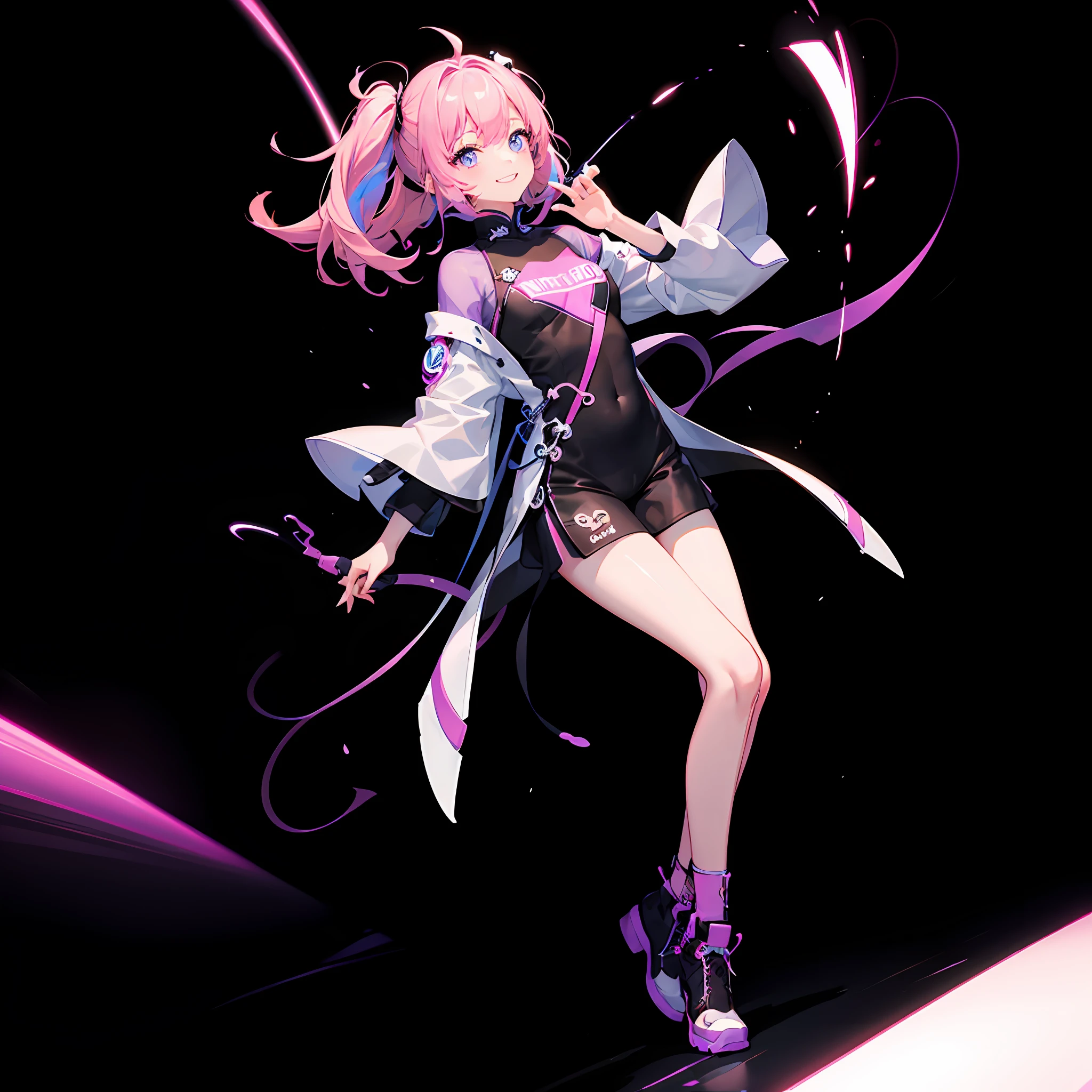A Chinese little boy, 8 years old, cute, likable, fair skin, smile, full body, 8K resolution, pink and blue hair glowing in the dark, in dark white and light purple, vibratowave, digital airbrush, glowing lights, glowing neon lights, vibrant whimsical, fashwave, 50--niji --auto --s 2