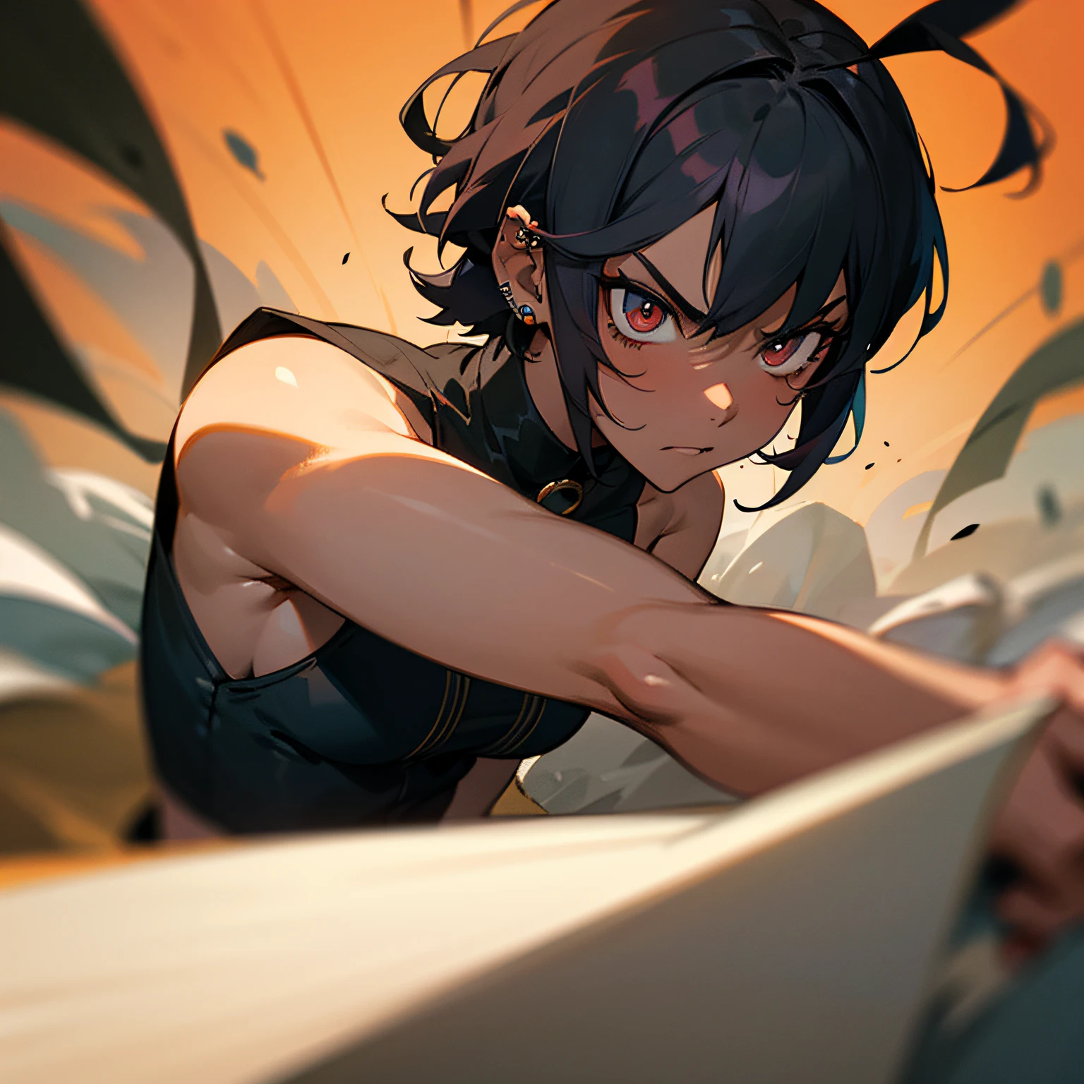 Masterpiece,Highly Detailed,1girl,dark skin,hair partially shaved,movement,in-battle,battle ready,piercing,fierce looking,staring determined,beautiful face,beautiful short hair --auto