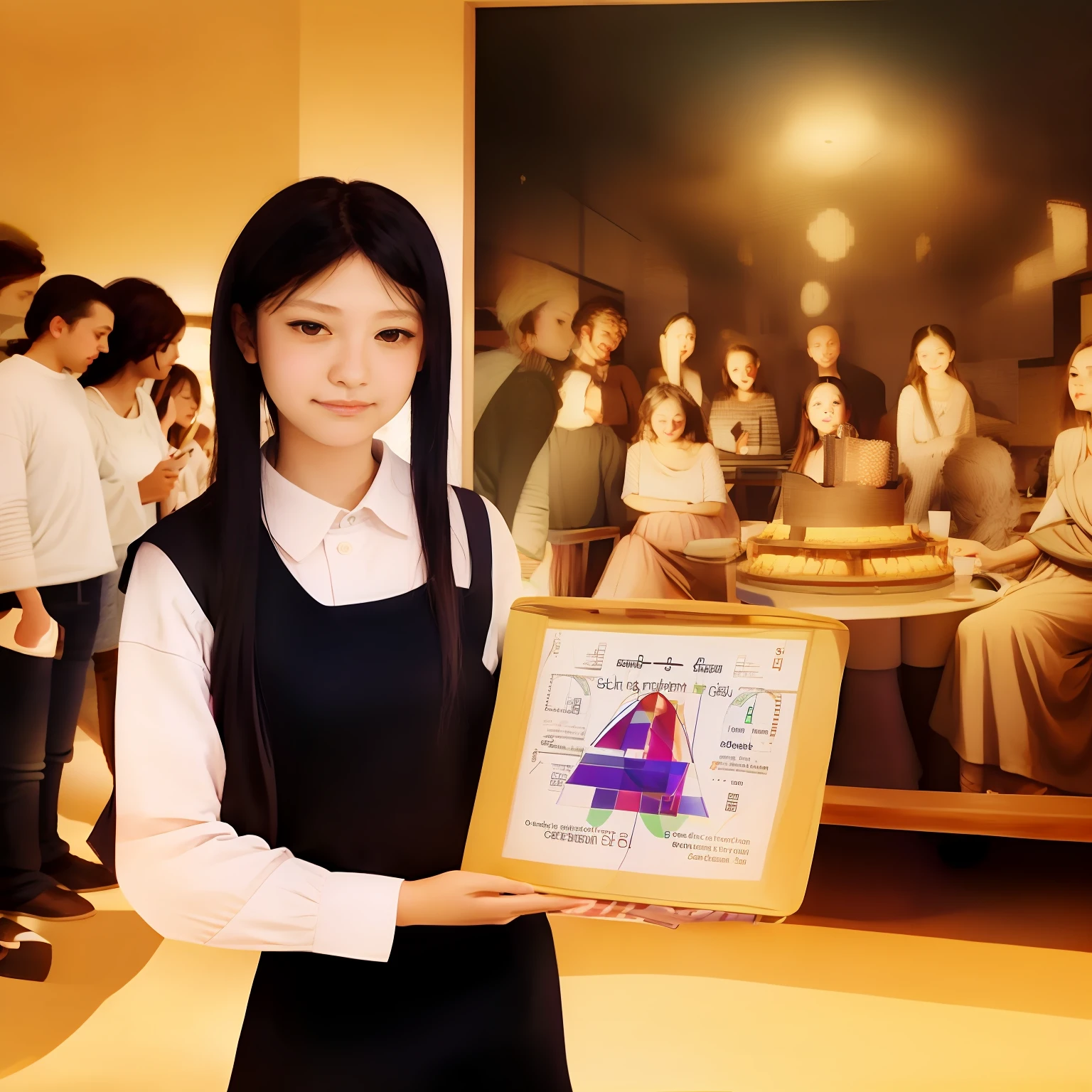 A High resolution Photo, In Tokyo, a socially awkward and loney a high-teen, lonely individual Japanese Girl, while smiling, presents a Painting individual Japanese Girl, while smiling, presents a Painting of the Last supper with digitalize Math graph interface add-on in The Picture, Behind the girl, there is the art gallery where a celebrity with Camera and Tv-cluies, and a group of similarly happy individuals photographing the celebrity.