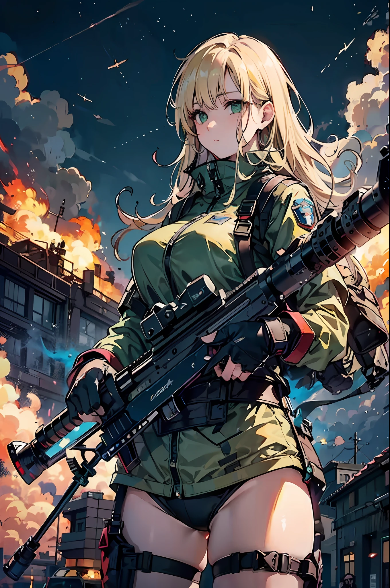 {{Masterpiece, top quality, highly detailed CG, 16K, movie lighting, lens flare}}, (huge rifle), (aiming), (1 girl soldier), (wide view), thick body, Photorealistic: 1.4, long blonde hair, green eyes, multiple weapons, aiming, (embark in a sniper posture from a helicopter: 1.6)), SWAT, night footage, The sky is clouded by plumes, the plume rises from flames, from above,