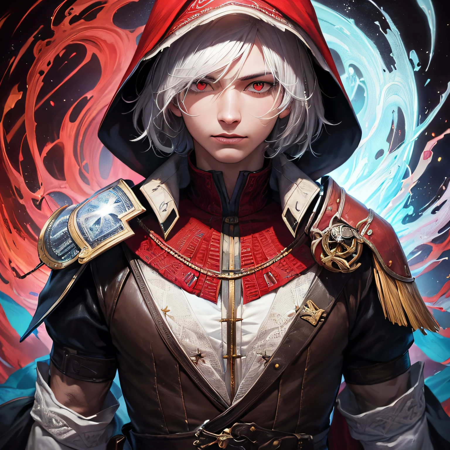 Realistic, (Masterpiece, Top Quality, Best Quality, Official Art, Beauty and Aesthetics: 1.2), Very Detailed, Fractal Art, Colorful, Most Detailed, Zentangle, (Abstract Background: 1.5) (1boy: 1.3), God, White Hair, Short Hair, (Glowing Red Eyes), Mysterious, (Magic), Ice, Handsome Man, Egyptian Style, mago assasino, assasins creed --auto