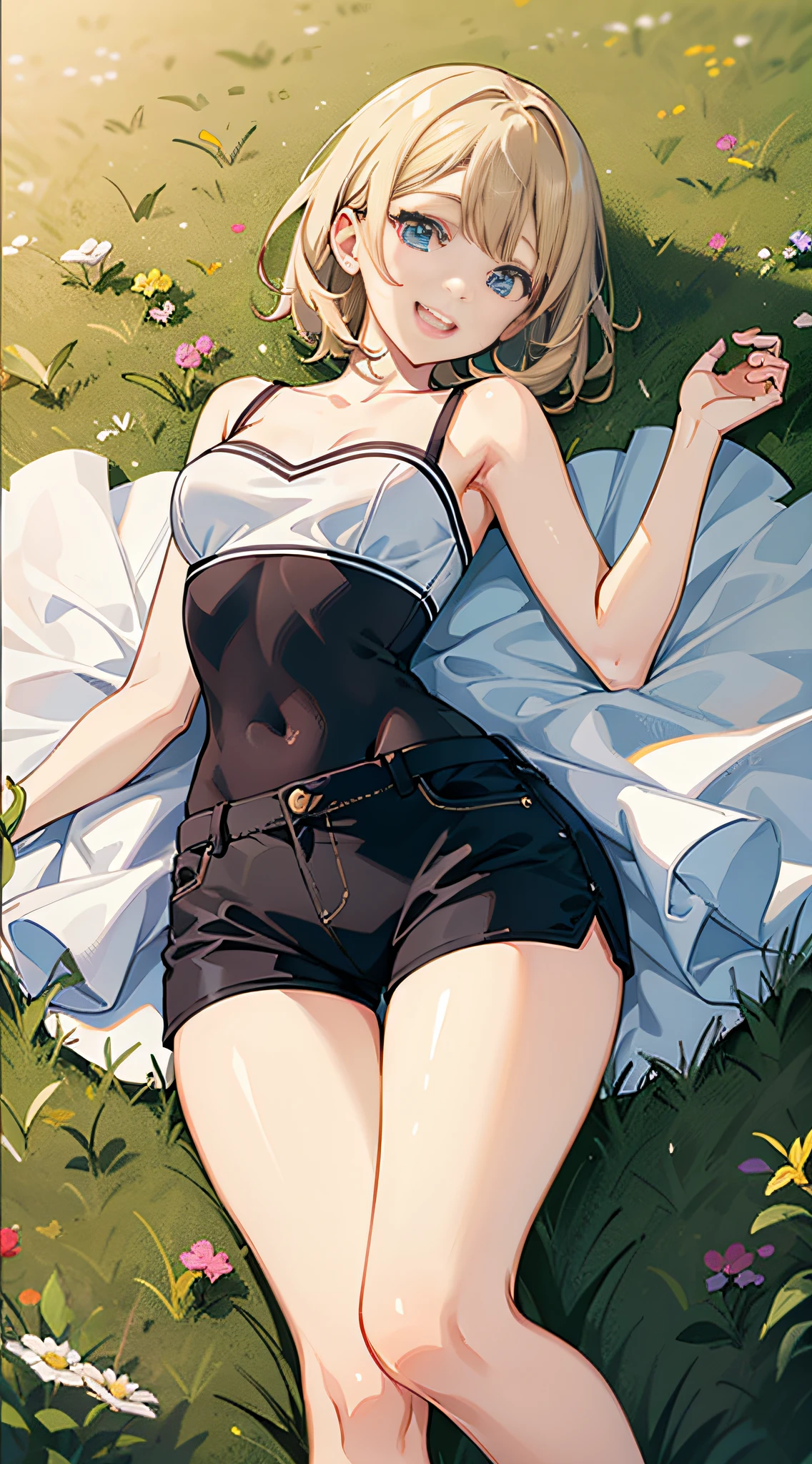 Sweetheart anime style, a girl, laughing happily, beautiful and beautiful, short hair, fashionable clothes, delicate figure, (perfect curves), shorts, white socks, super clear picture quality lying on the grass, super fine picture, super low noise, extremely detailed cg