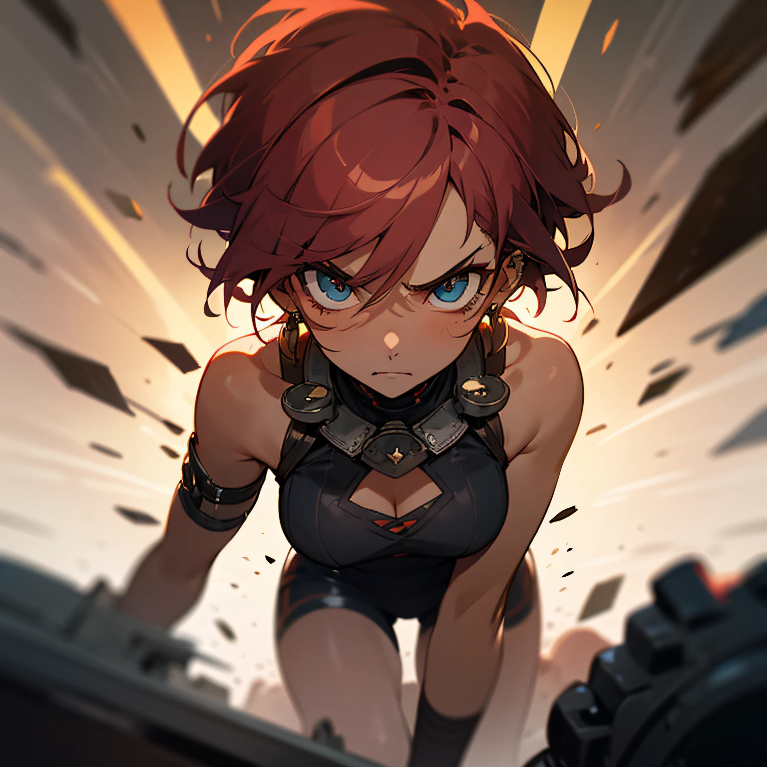 Masterpiece,Highly Detailed,1girl,dark skin,hair partially shaved,movement,in-battle,battle ready,piercing,fierce looking,staring determined,beautiful face,beautiful short hair,sexy outfit,ambar eyes, --auto