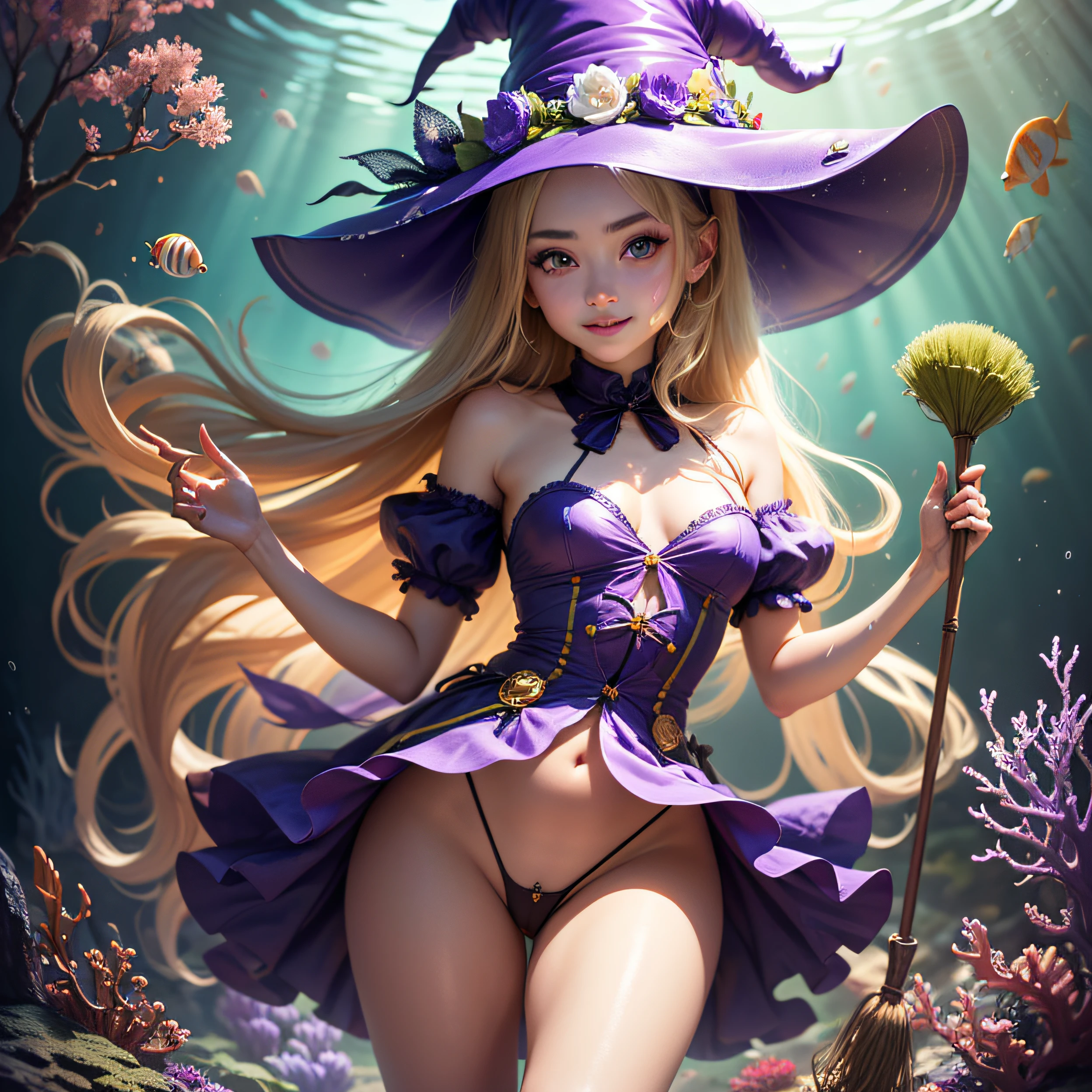 (masterpiece, best quality, detailed glossy skin: 1.2), flawless, 8k, RAW, highres,1girl, petite, medium breasts, long hair, blonde hair, (witch hat), (light smile), purple eyes, (star-shaped pupils), (underwater, algae, aquarium), looking at the viewer, solo, very short dress alice in wonderland, dress up(camel's finger), (no panties), long socks, transparent white socks, broom, floating, rim lights, cinematic lighting, ((splash water)), standing