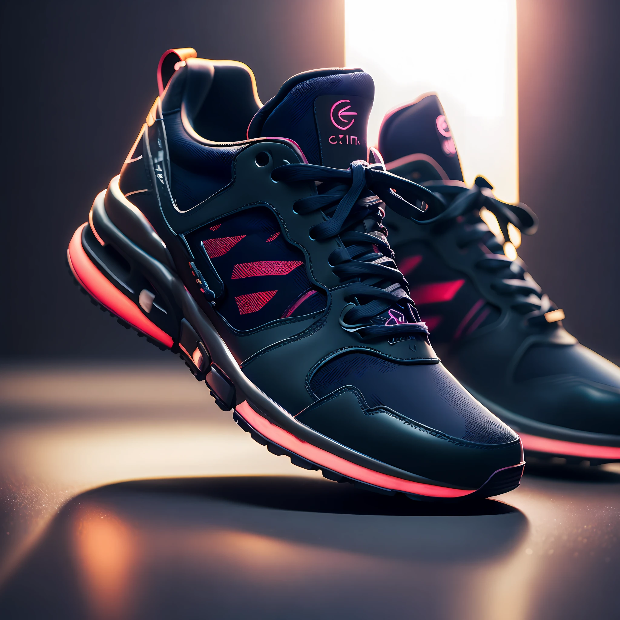 product photography of a cybepunk sneakers, epic render, octane, atmosphere, particles, soft volumetric lights, (backlit:1.3), (cinematic:1.3), intricate details, (ArtStation:1.3)