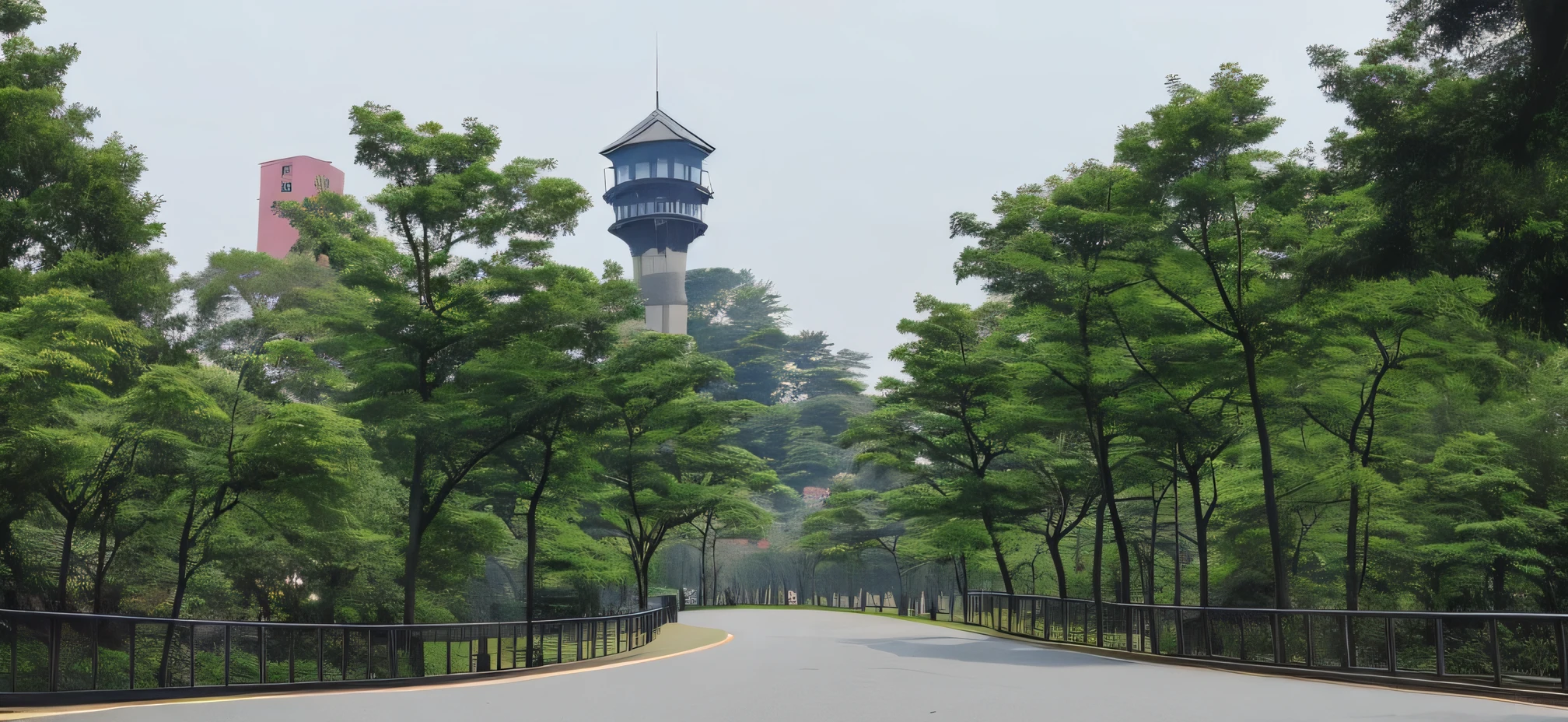 trees line the road in front of a tall tower, tower, watch tower, lookout tower, from the distance, view from the distance, sangyeob park, 155 cm tall, viewed from the ground, surrounding the city, view from the ground, 165 cm tall, view from a distance, the photo was taken from afar, viewed from a distance
